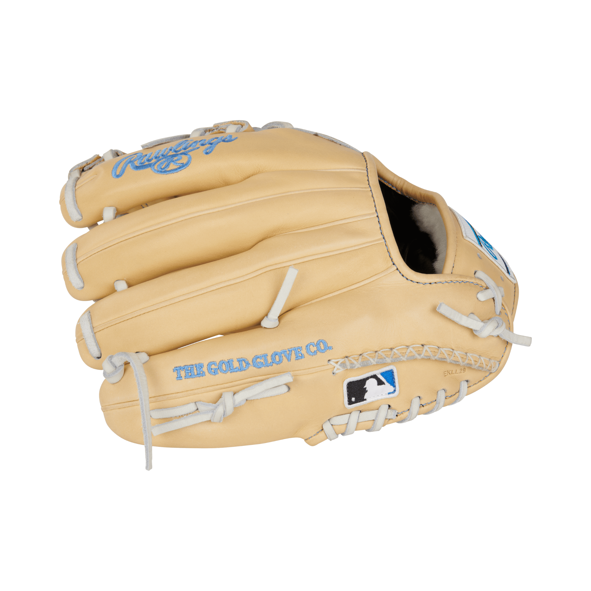 Rawlings Pro Preferred 11.5-inch infield baseball glove in tan leather with blue logo details and white laces.