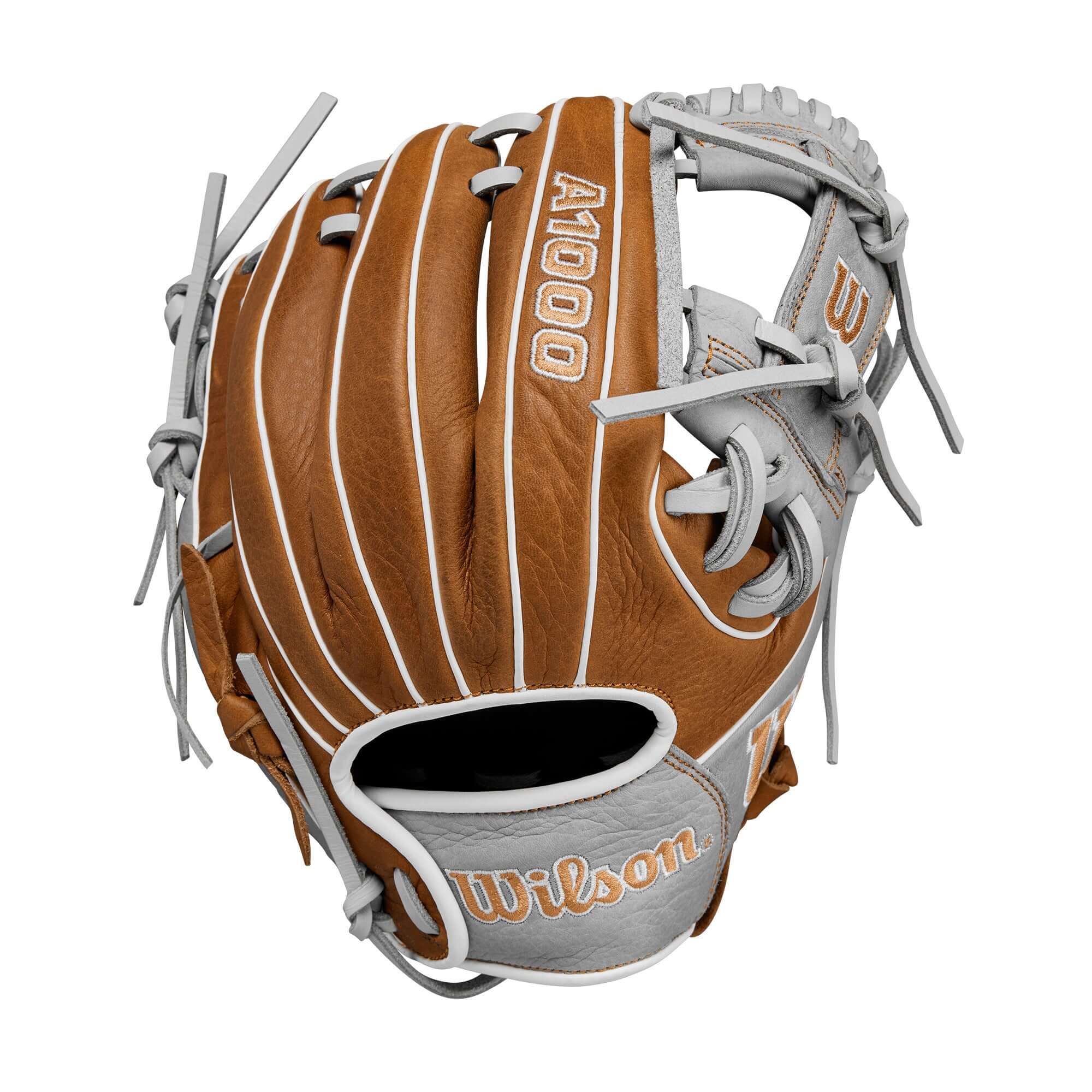 Wilson A1000 PF11 11" infield baseball glove in saddle tan/silver, designed for smaller hands with Pedroia Fit.