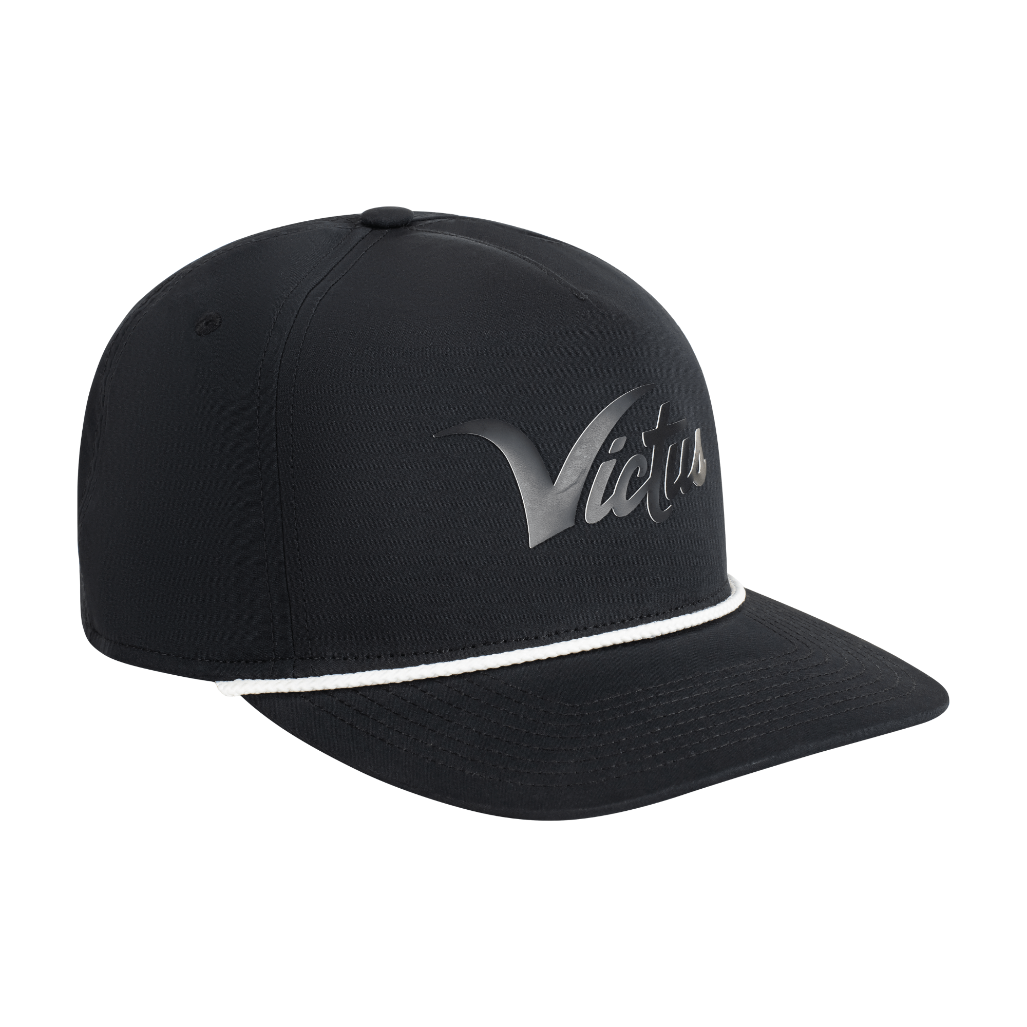 Victus Premium Rope Snapback black cap with layered silicone logo and flexible visor, perfect for stylish comfort.