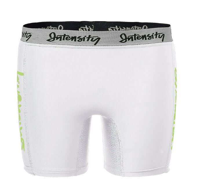 Intensity Girls Stolen Base Compression Short in white with logo and flexible mesh for comfort and movement.