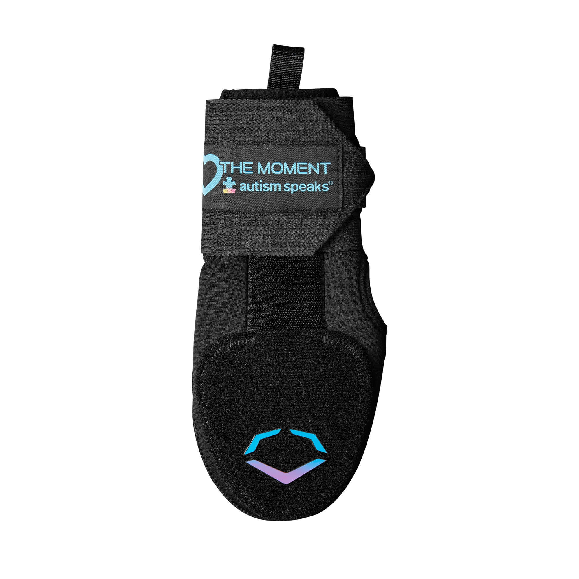 Evoshield Autism Speaks Sliding Mitt LH in black, featuring protective plates and elastic straps for stability and support.