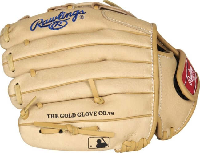 Rawlings Sure Catch youth baseball glove in tan leather, designed for right-handed throwers, offering durability and comfort.