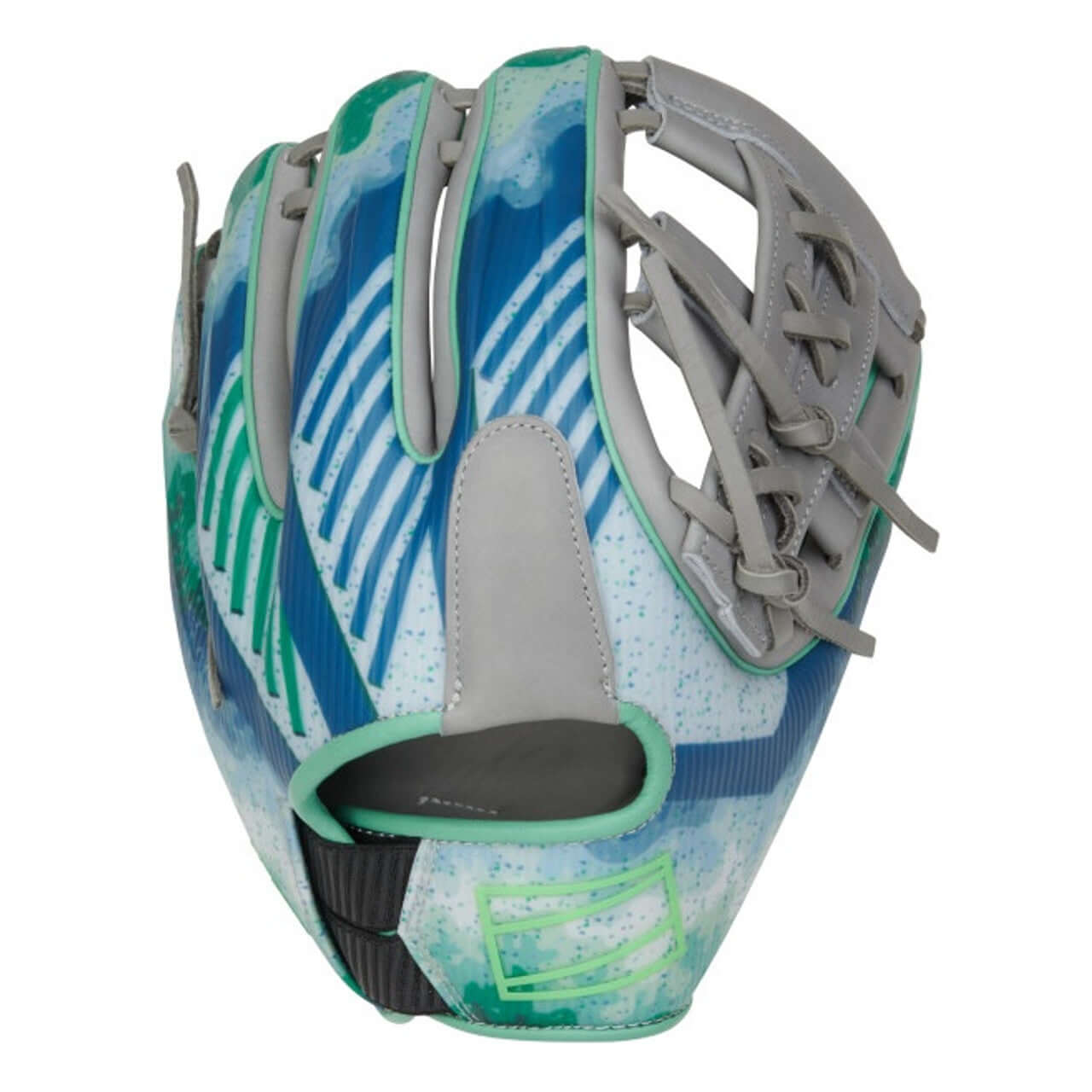 Rawlings REV1X 11.5-inch baseball glove in vibrant blue and green design, featuring premium leather construction.