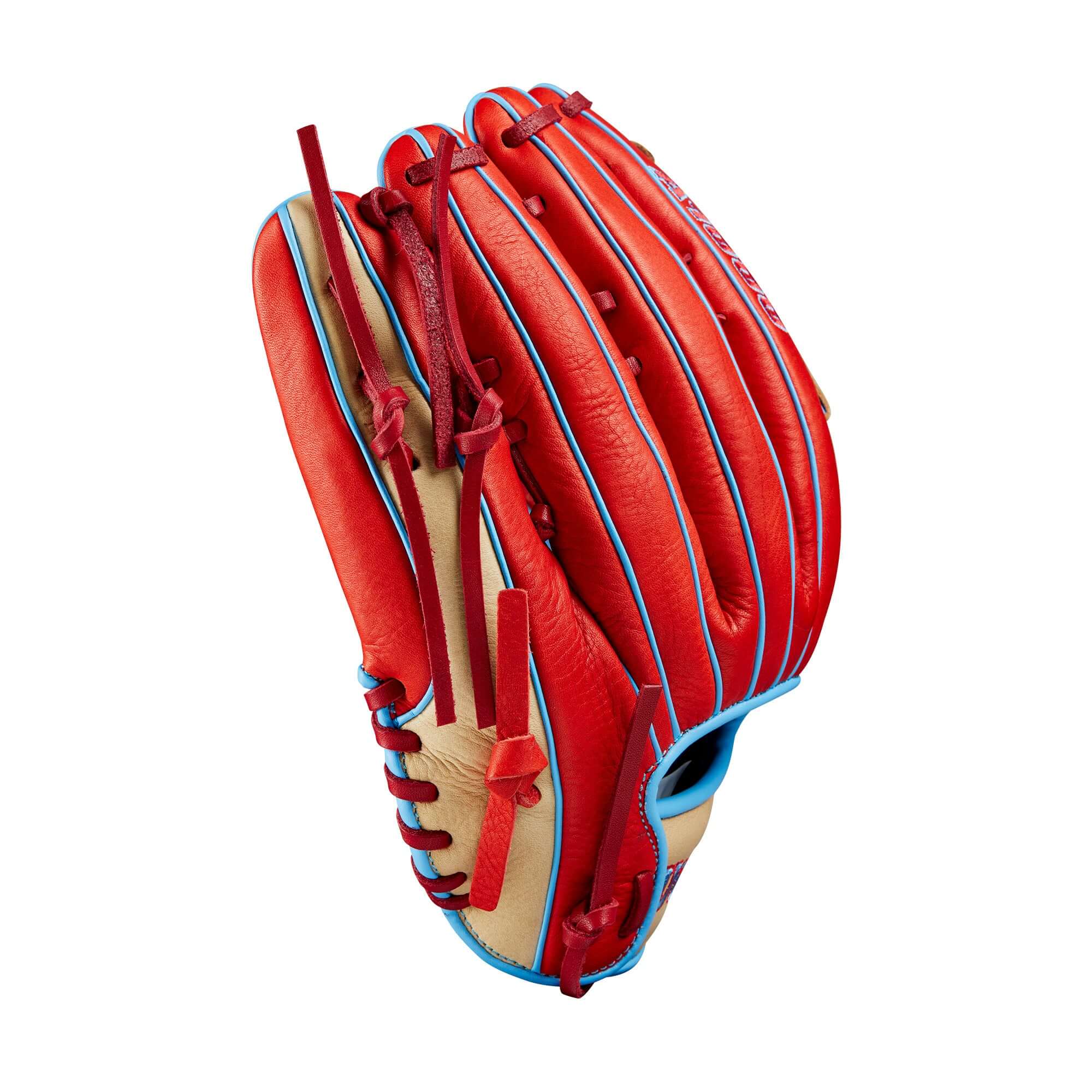 Wilson 2024 A1000 PF1892 red and blonde 12.25" outfield baseball glove for younger players.
