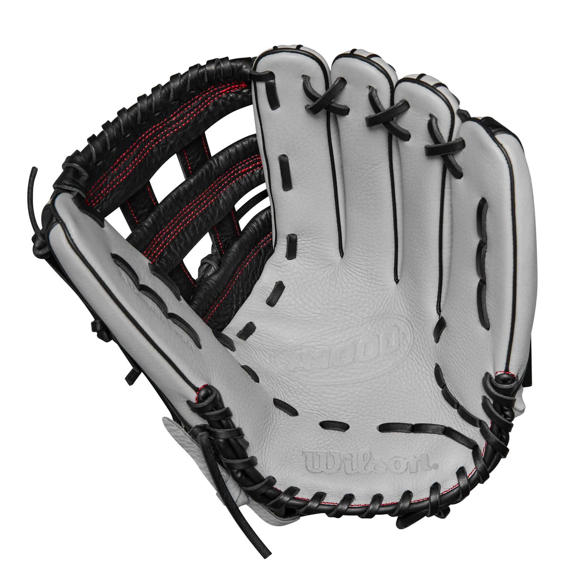 Wilson 2024 A1000 1750 Outfield Baseball Glove in Silver, Black, and Red, 12.5 inch design with Dual Post Web.