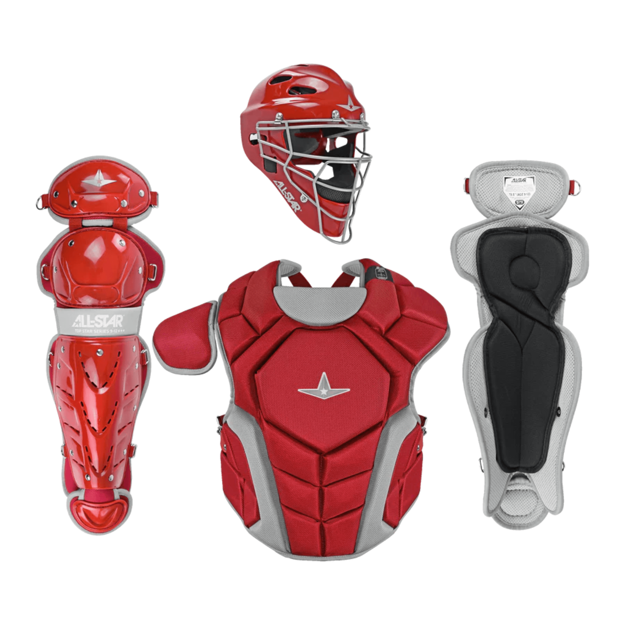 All-Star Top Star Catcher's Kit in red, including helmet, chest protector, leg guards, and groin protector for ages 7-9.