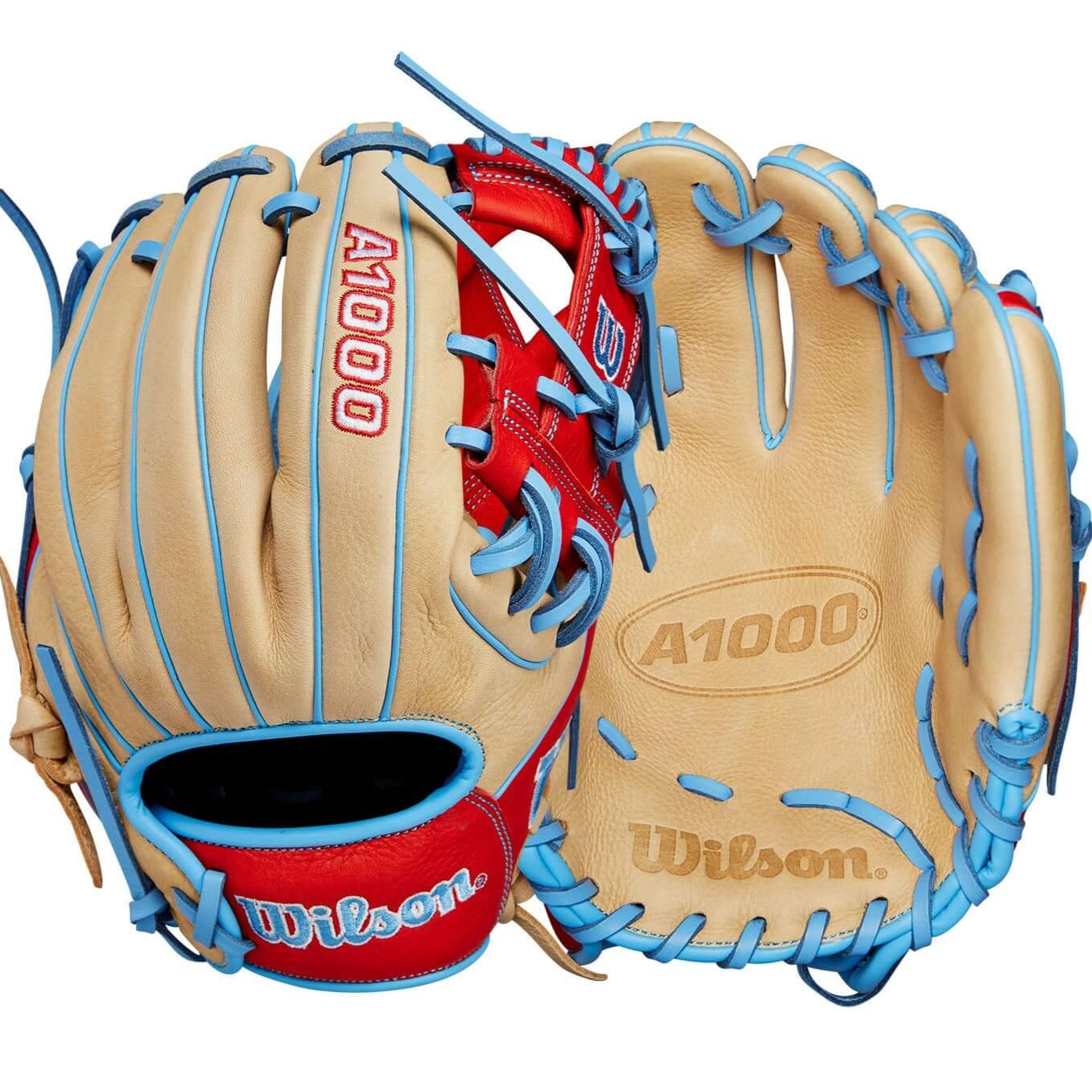 Wilson A1000 1786 infield baseball glove in blonde, red, and blue, 11.5" for travel ball players.