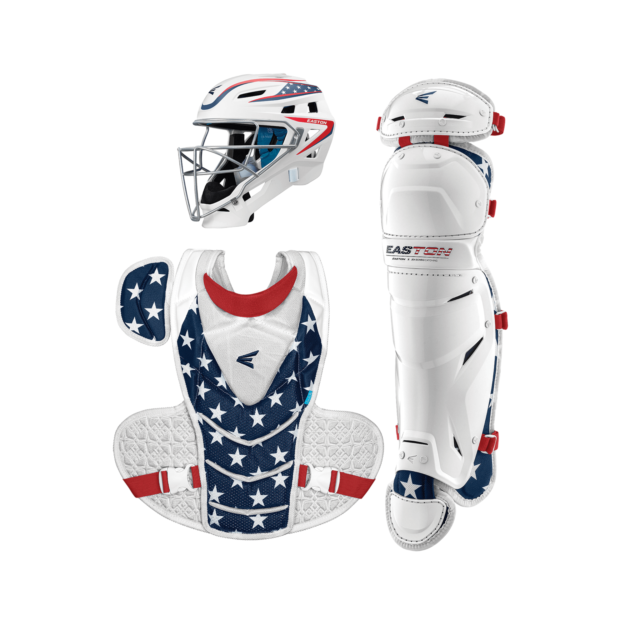 Easton Jen Schro The Very Best Box Set with stars and stripes catcher’s helmet and gear for fastpitch catchers.
