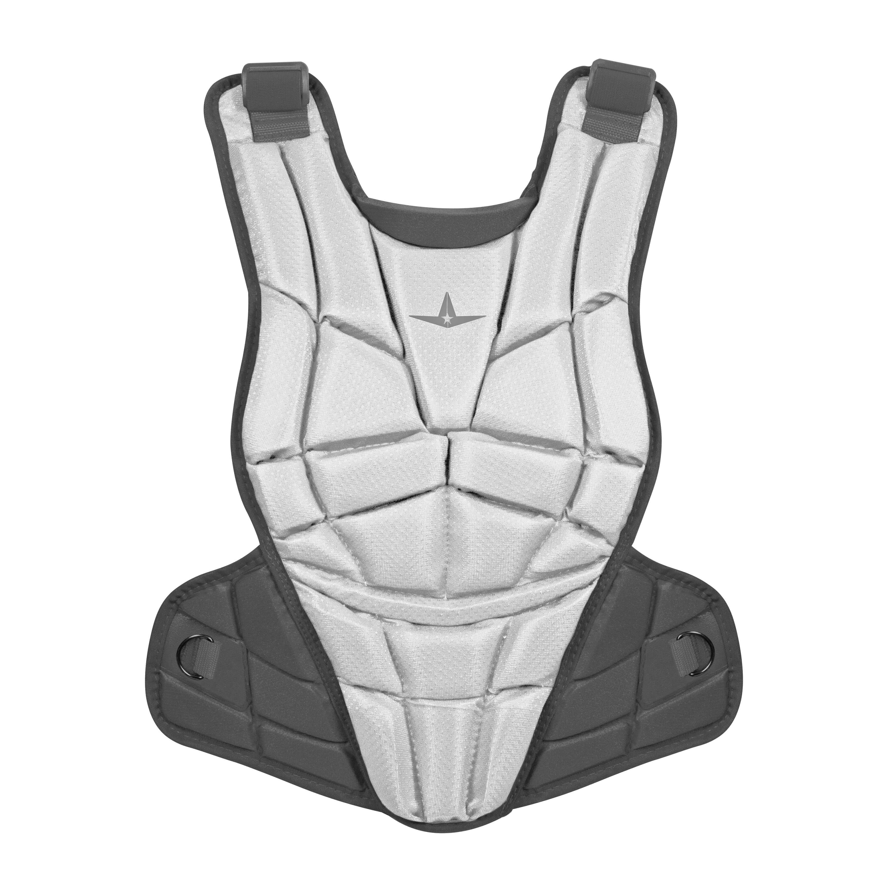 All-Star AFx Elite Fastpitch Chest Protector in gray and white, designed for fitted protection and mobility for female catchers.