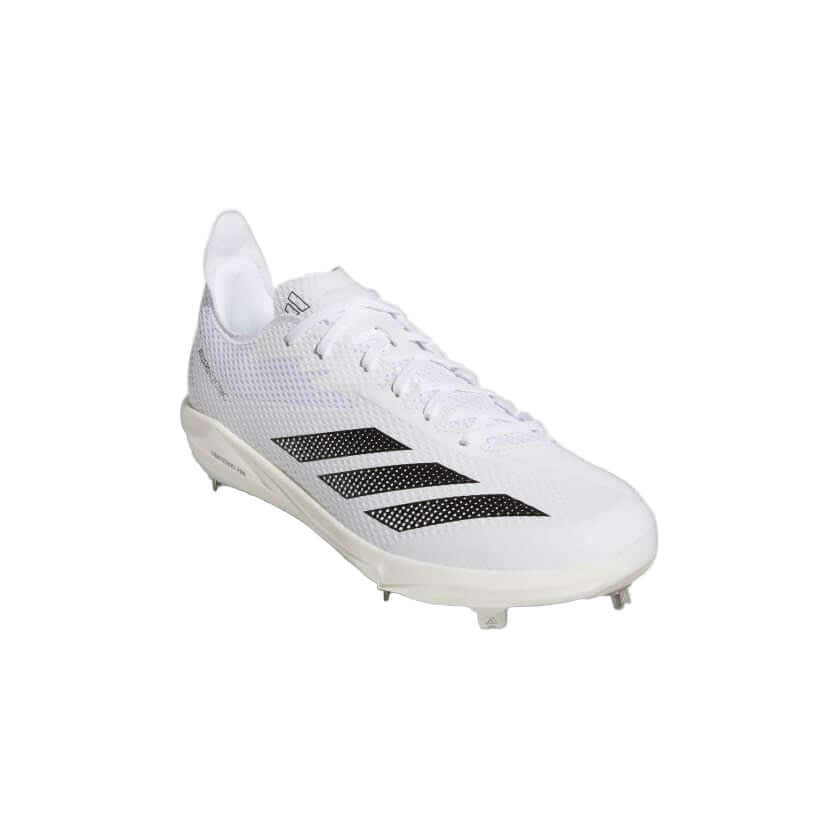 Adidas Adizero Electric 2.0 Baseball Cleats White – right side view with Cloud White, Core Black, and Silver Metallic accents.