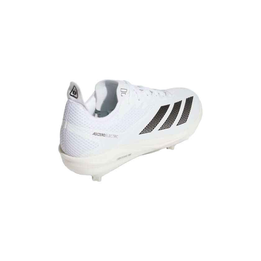 Adidas Adizero Electric 2.0 Baseball Cleats White – back parallel view highlighting heel support and Cloud White finish.