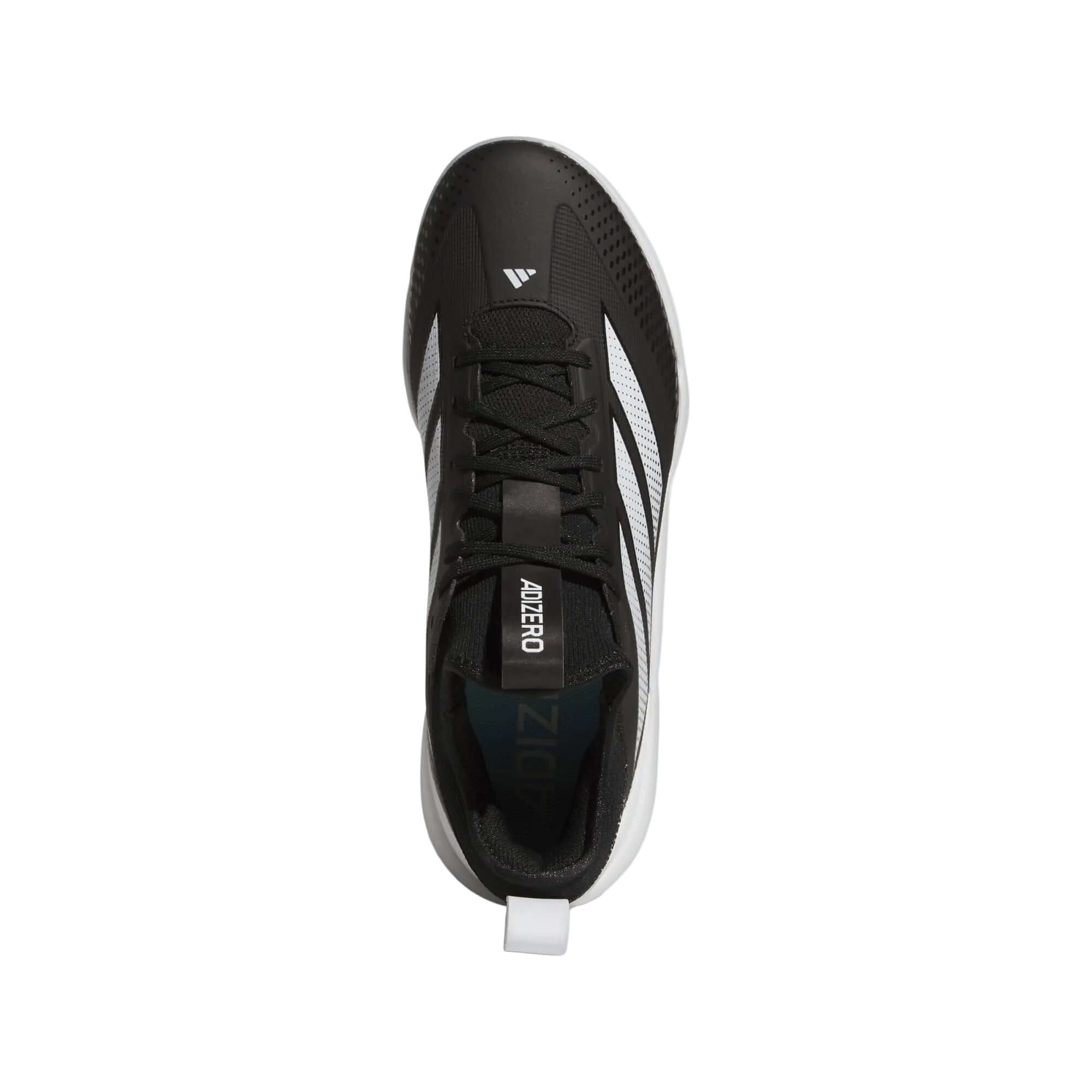 Top view of Adidas Adizero Impact 2.0 TPU Cleats - Core Black/Cloud White showing lightweight design and modern style.