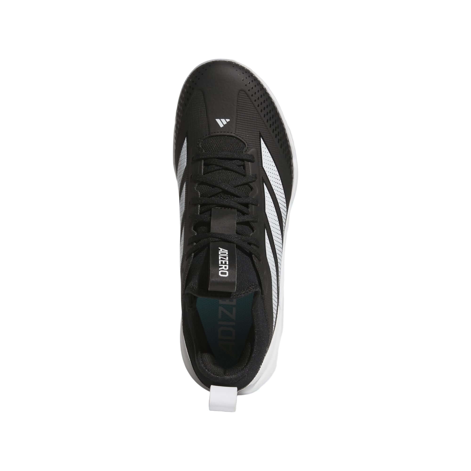 Top view of Adidas Adizero Impact 2.0 baseball cleats in black and white, showcasing sleek design and lightweight comfort.