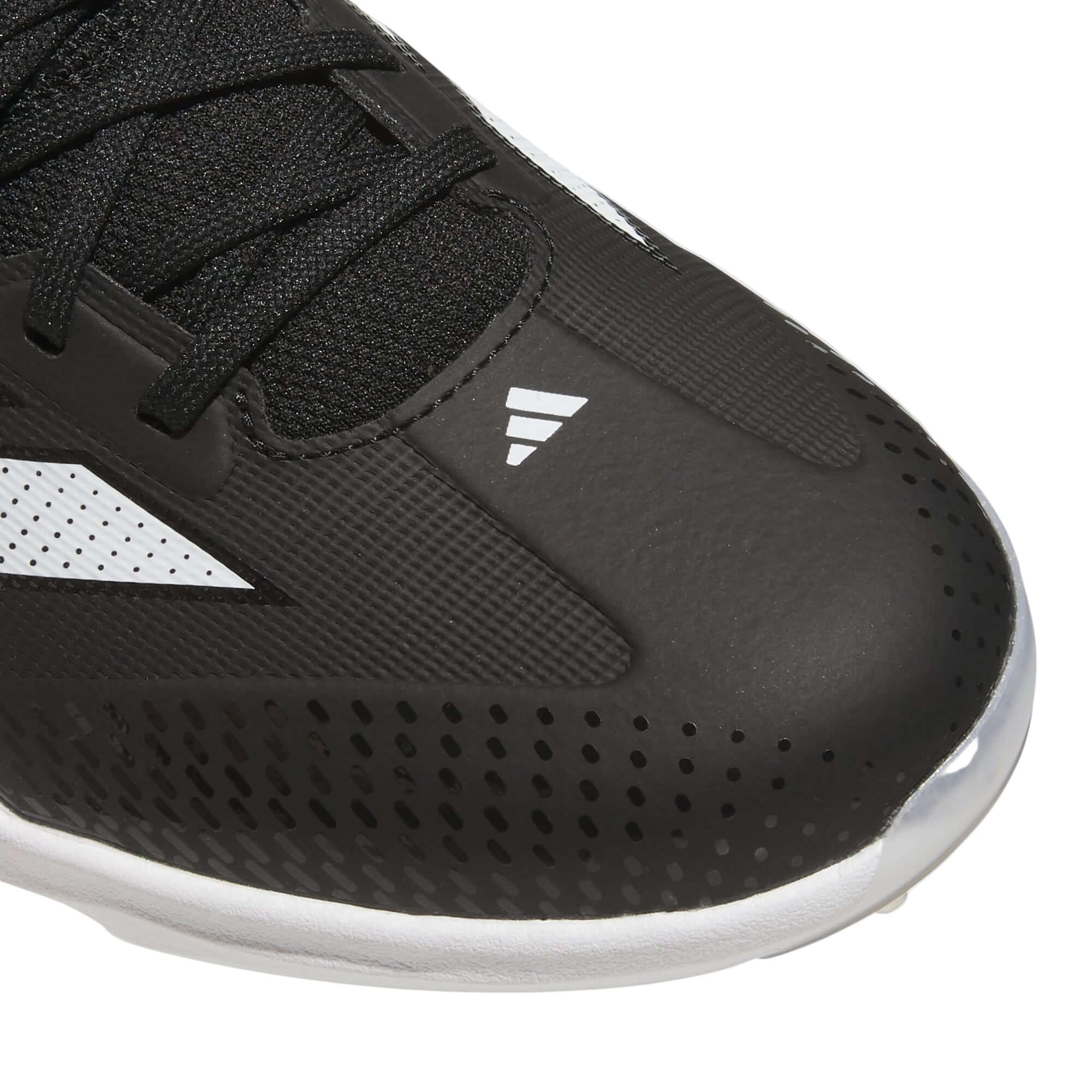 Close-up of Adidas Adizero Impact 2.0 baseball cleat, showcasing black synthetic upper and breathable design.