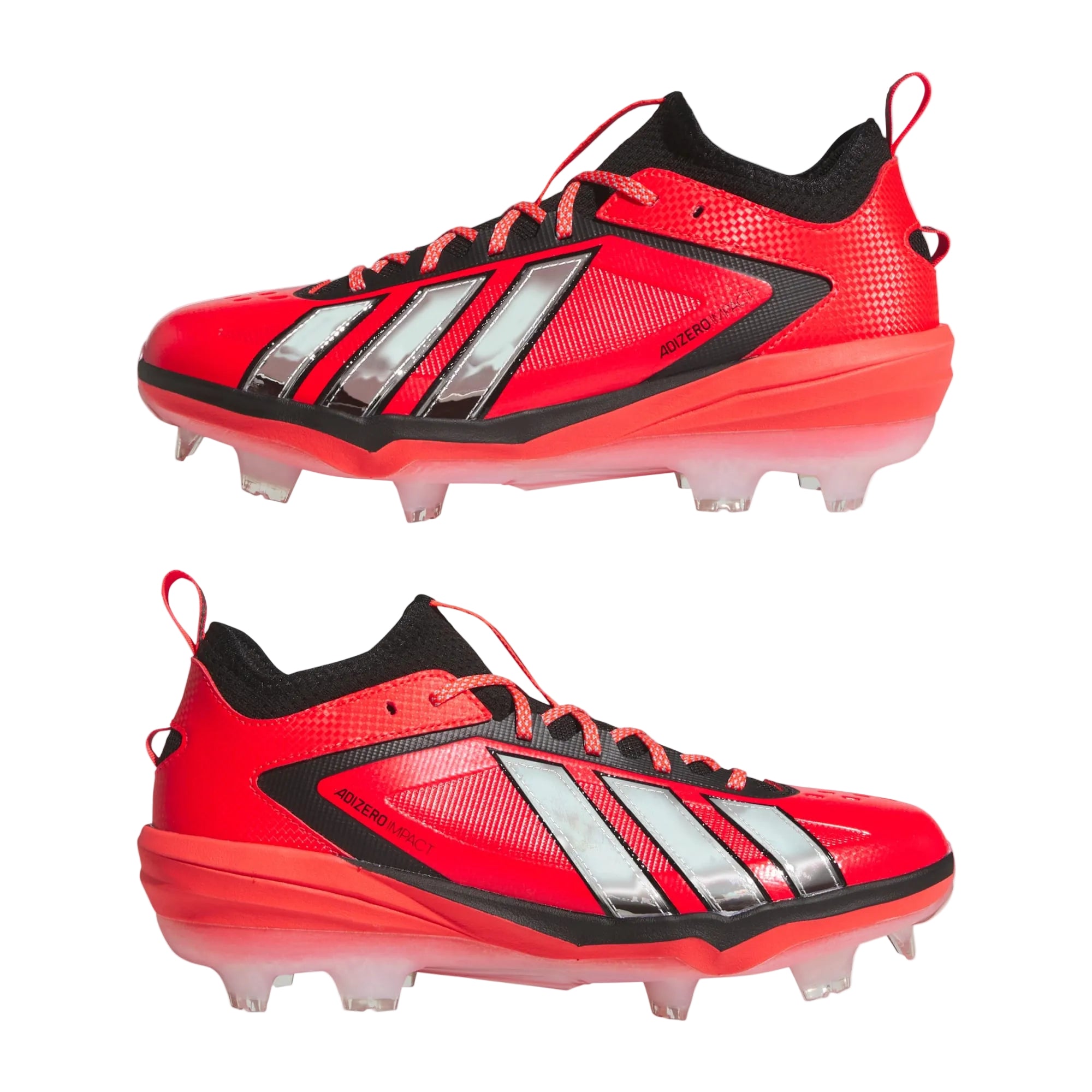 Adizero Impact 3.0 TPU Cleats pair side views Lucid Red adidas baseball cleats