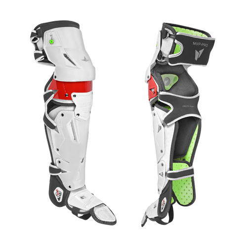 All-Star MVP-Pro Short Fuse Limited Edition catcher's leg guards side view, black, white, and red with green interior padding.