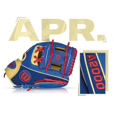 Custom Wilson A2000 1786 SS glove in blue and yellow with red accents, featuring April GOTM design.