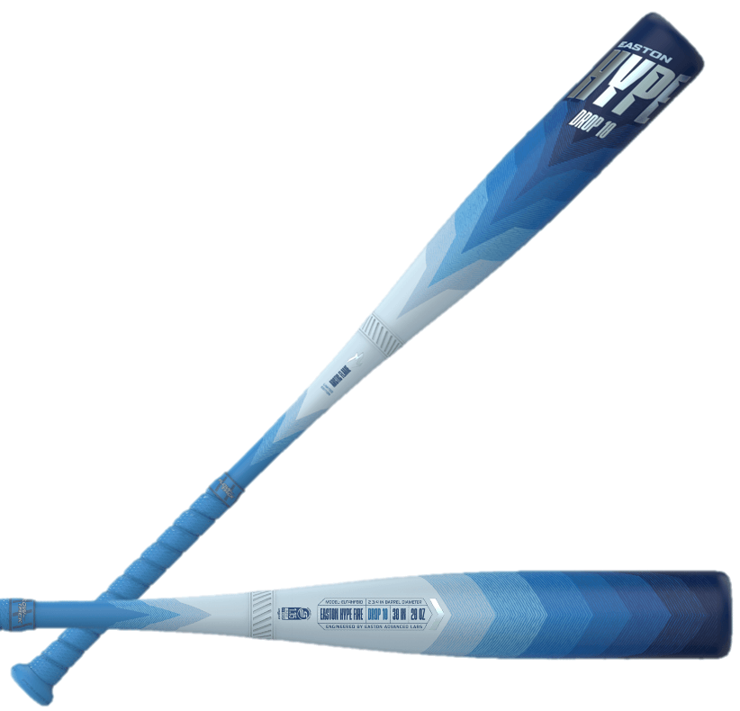 Easton Hype Fire 2024 Arctic Flame Limited Edition USSSA-10 baseball bat featuring a blue and white design and optimized barrel performance.
