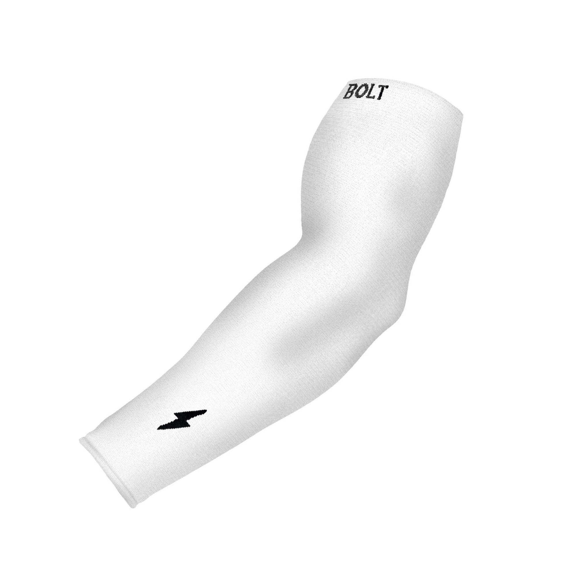 Bruce Bolt graduated compression arm sleeve in white, designed for enhanced blood flow and muscle support during sports.
