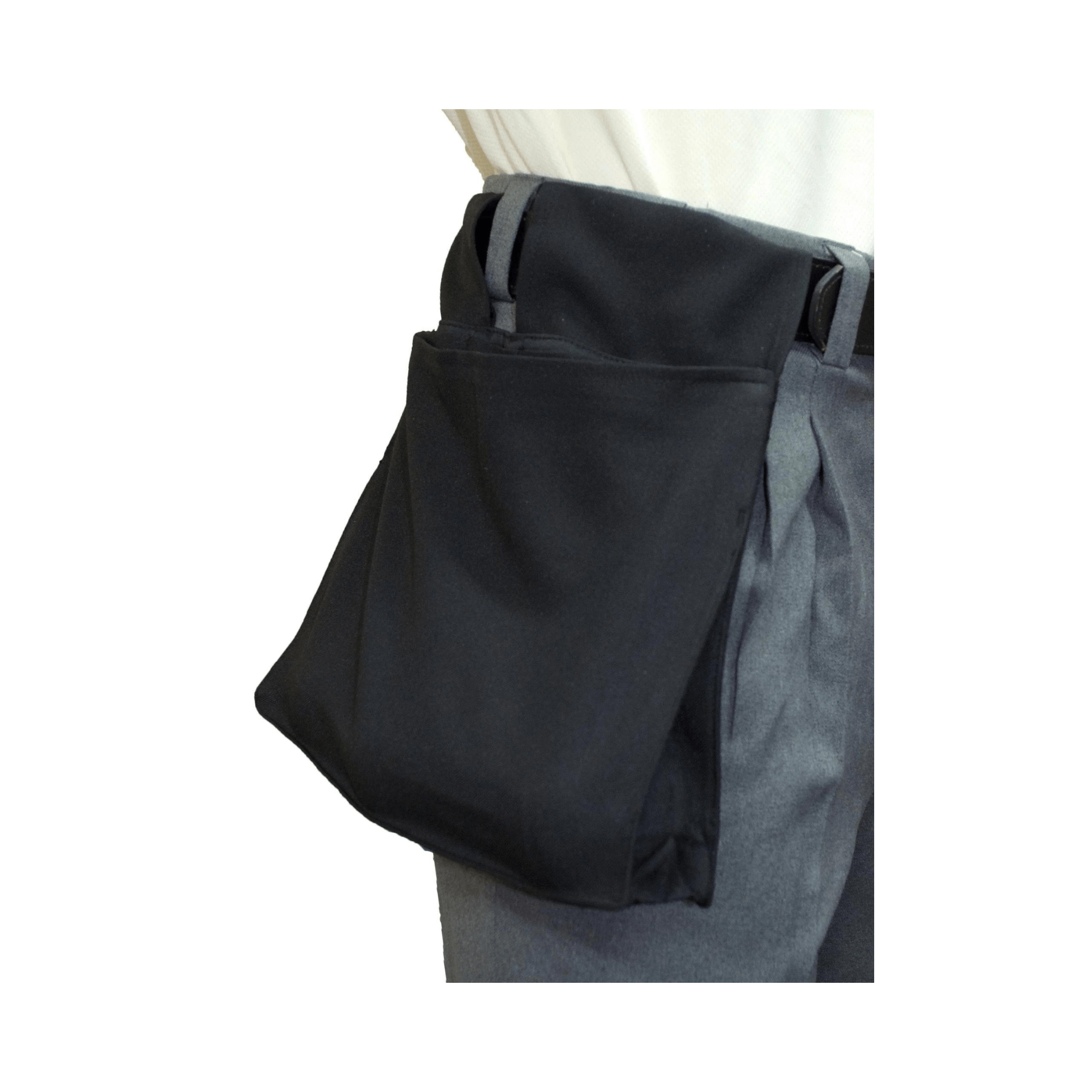 Smitty Deluxe Umpire Ball Bag in black, featuring expandable insert, attached to umpire's waistband for easy access.