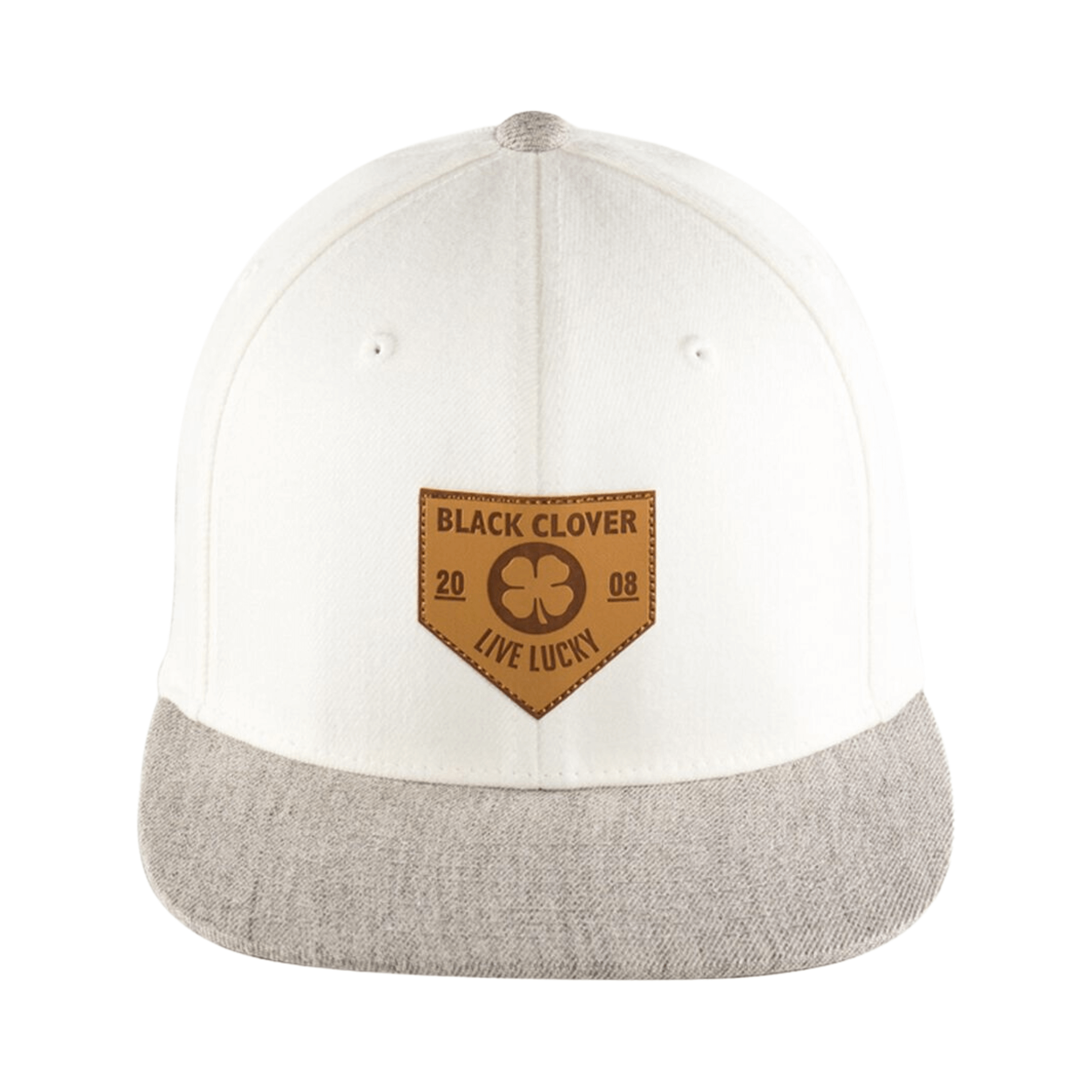 Rawlings Black Clover leather patch flat bill hat featuring a stylish home plate patch and a clean white/grey design.