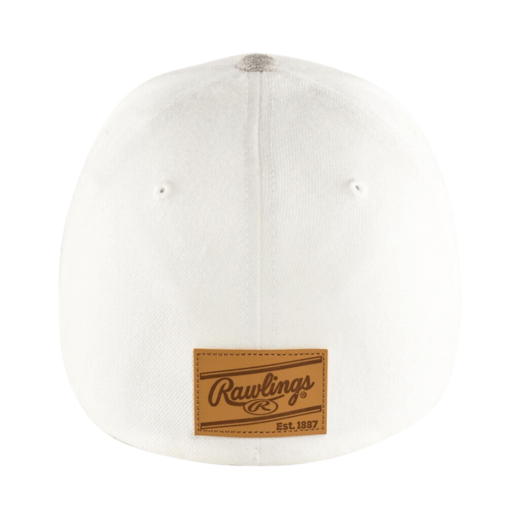 Back view of Rawlings Black Clover flat bill hat featuring leather patch and clean white design.