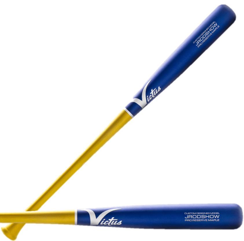 Victus JROD Show baseball bat in flat yellow and flat royal blue, featuring a flared knob and large barrel for optimal performance.