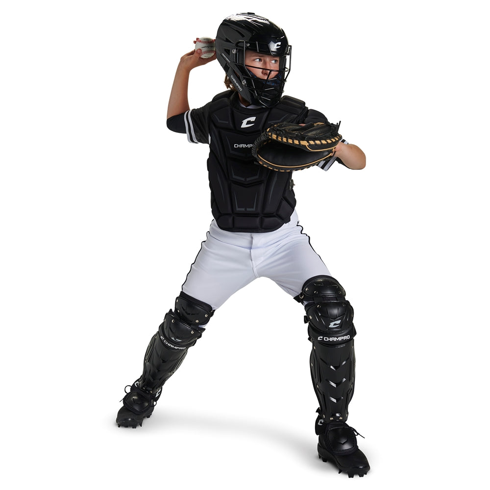 Young athlete wearing Champro Helmax 2.0 Youth Catcher's Set, poised to throw a ball, showcasing protective gear for fastpitch.
