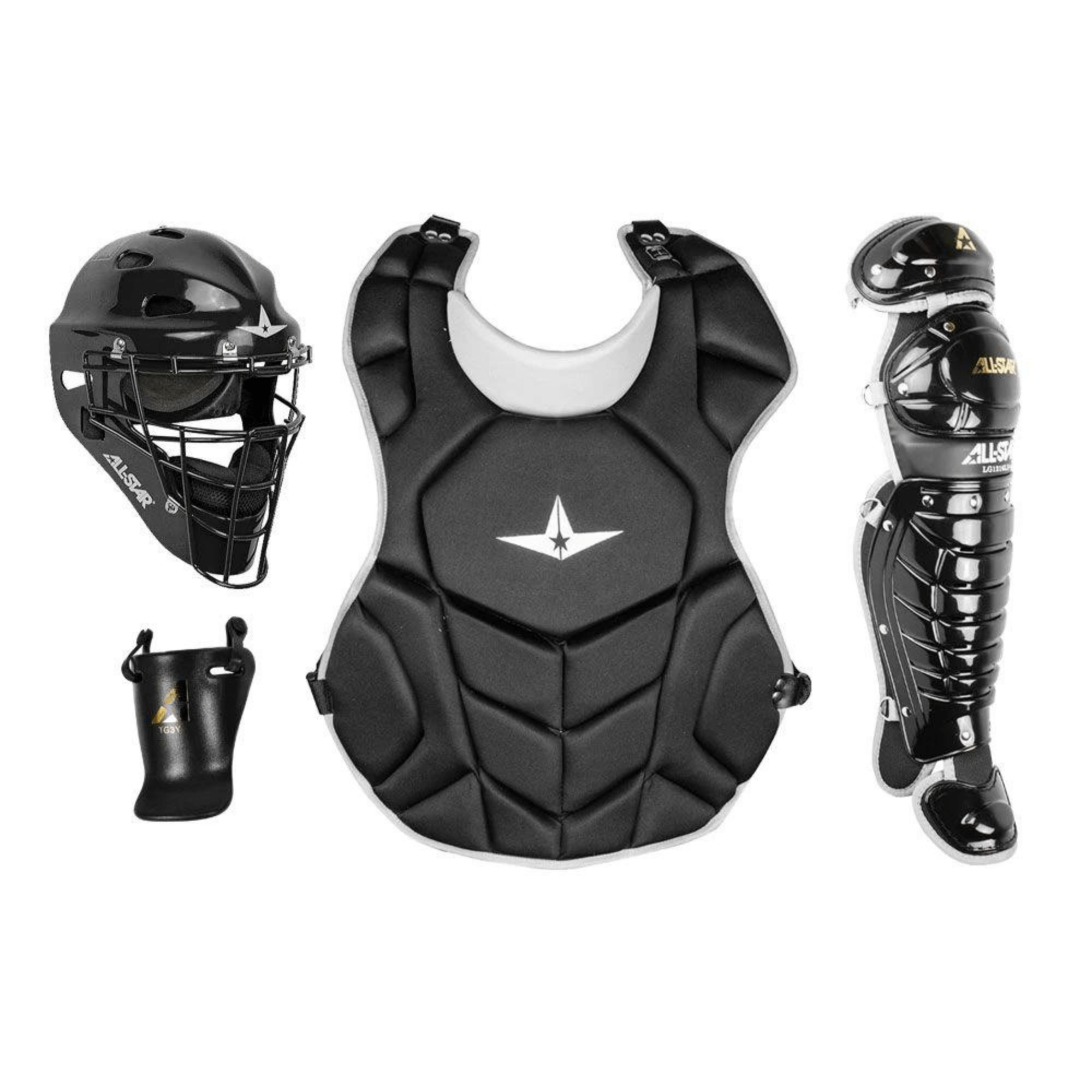 All-Star League Series Catching Kit for ages 7-9 with helmet, chest protector, and shin guards in black.