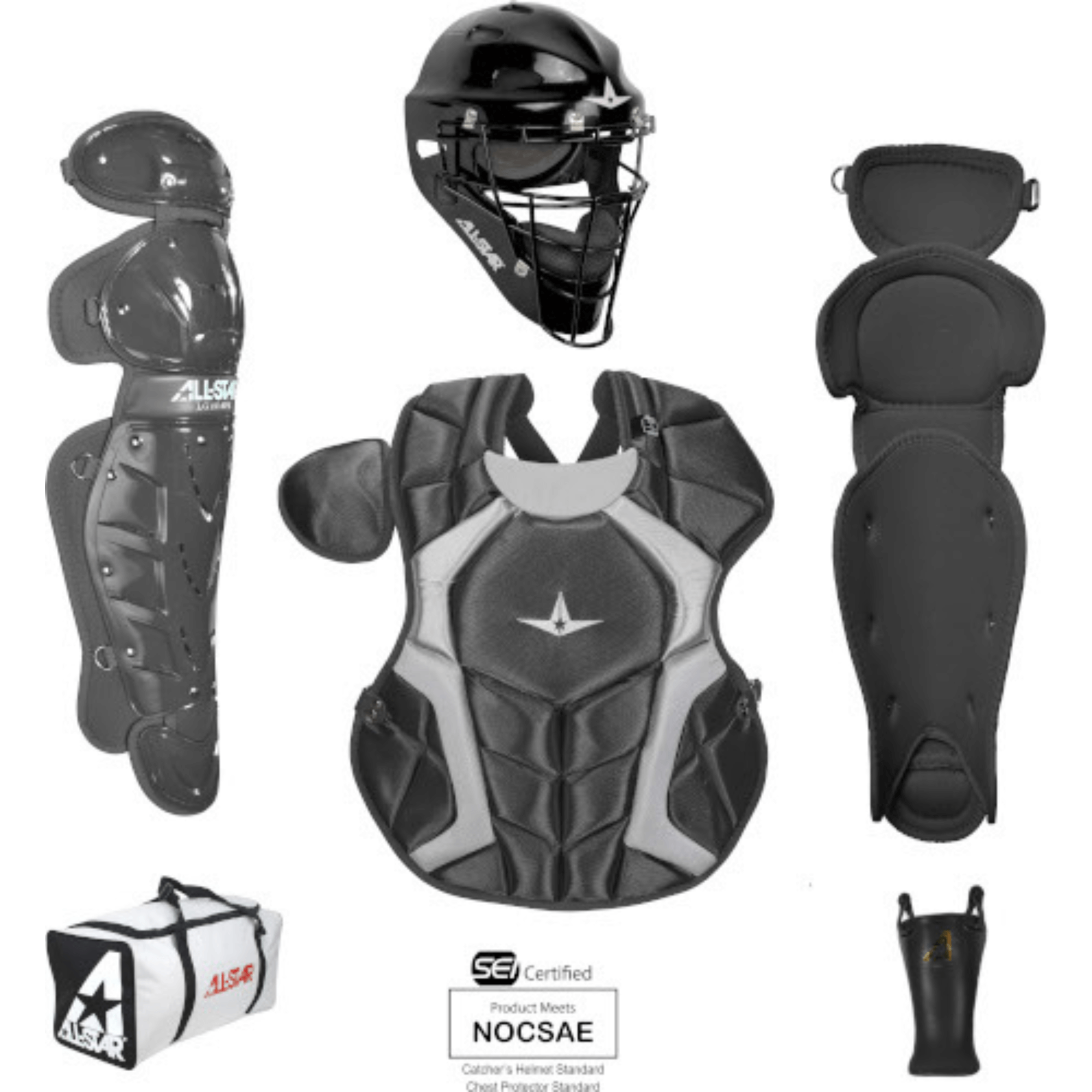 Catching Kit: All-Star Player's Series Catching Kit for ages 9-12, includes mask, chest protector, leg guards, throat guard, and bag.