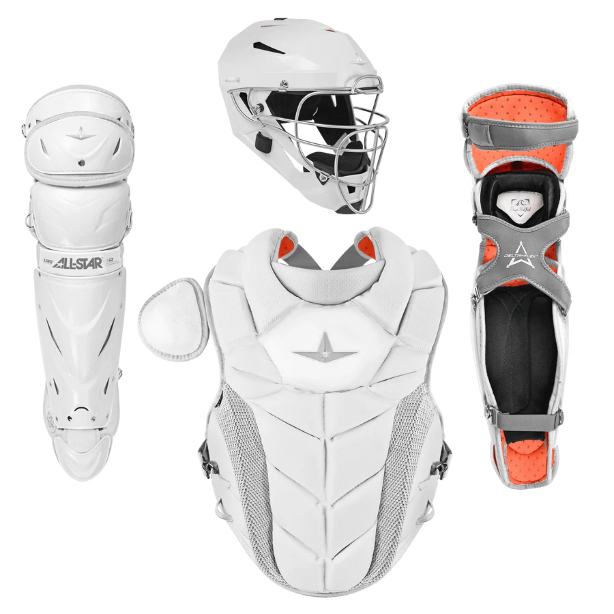 All-Star PHX Fastpitch Catching Kit features white catchers helmet, chest protector, and leg guards inspired by Paige Halstead.
