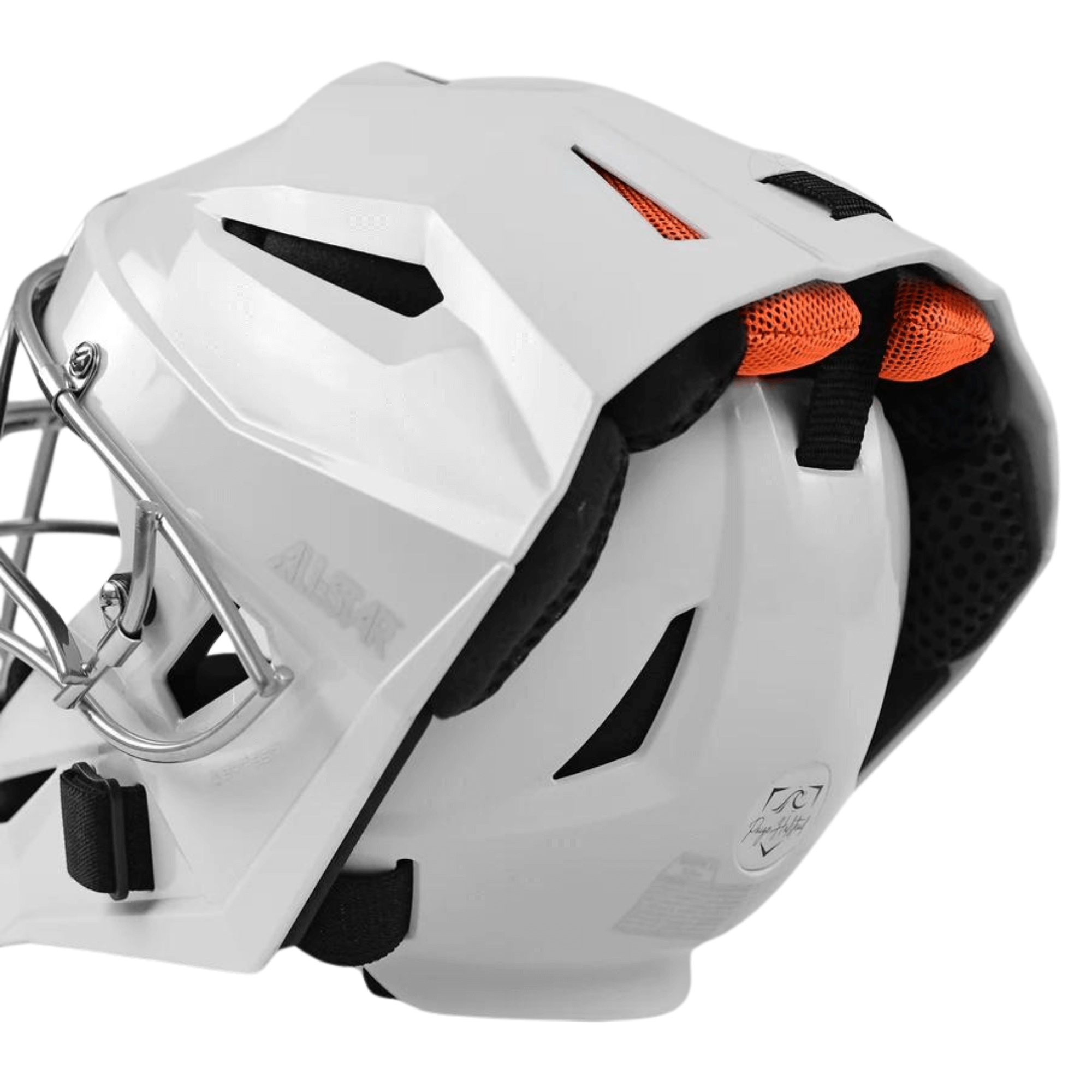 All-Star PHX fastpitch catcher's helmet in white, featuring innovative design and 3DU Bar™ technology for enhanced safety.