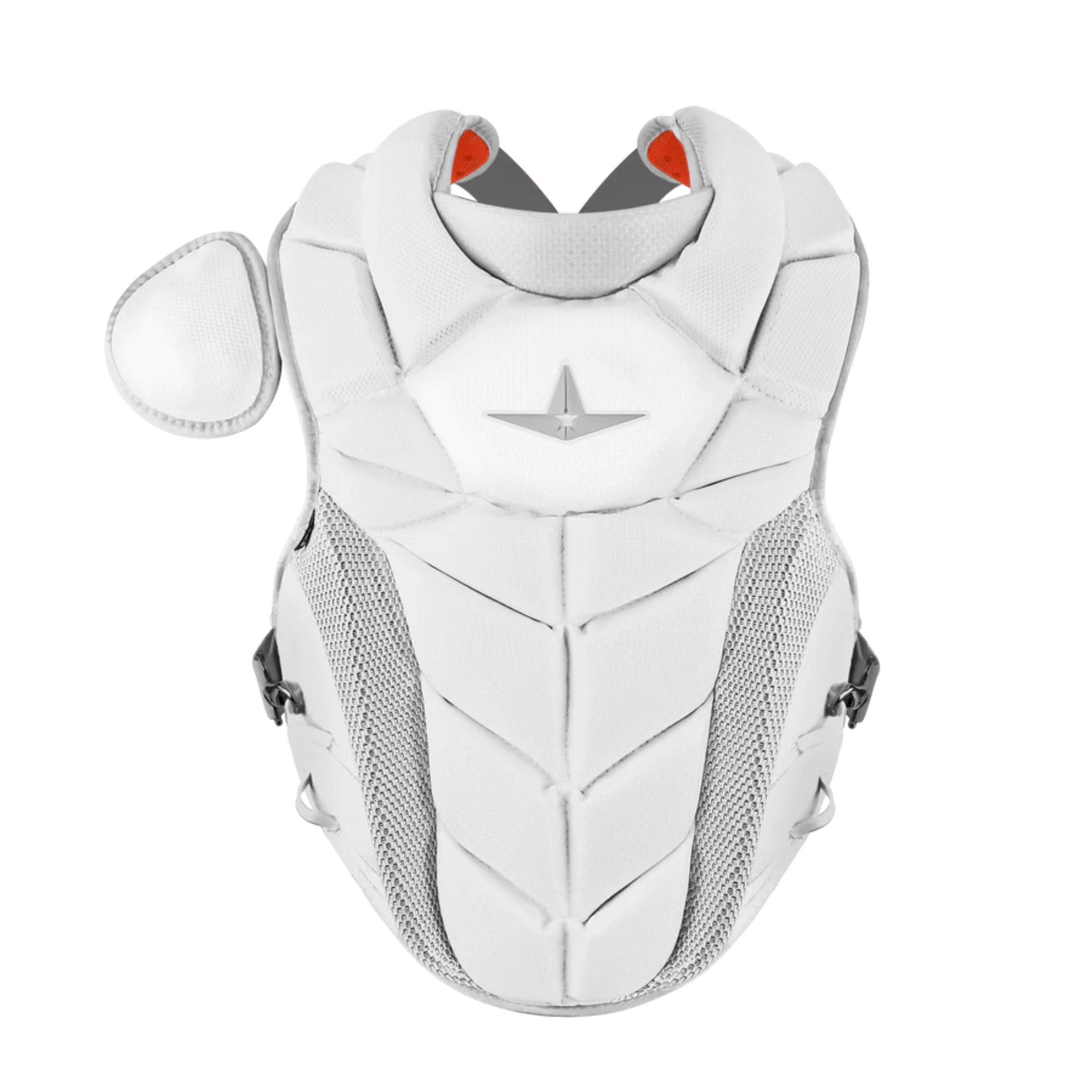 All-Star PHX Fastpitch Chest Protector featuring 3DU Bar™ technology, designed for elite catchers in innovative white design.