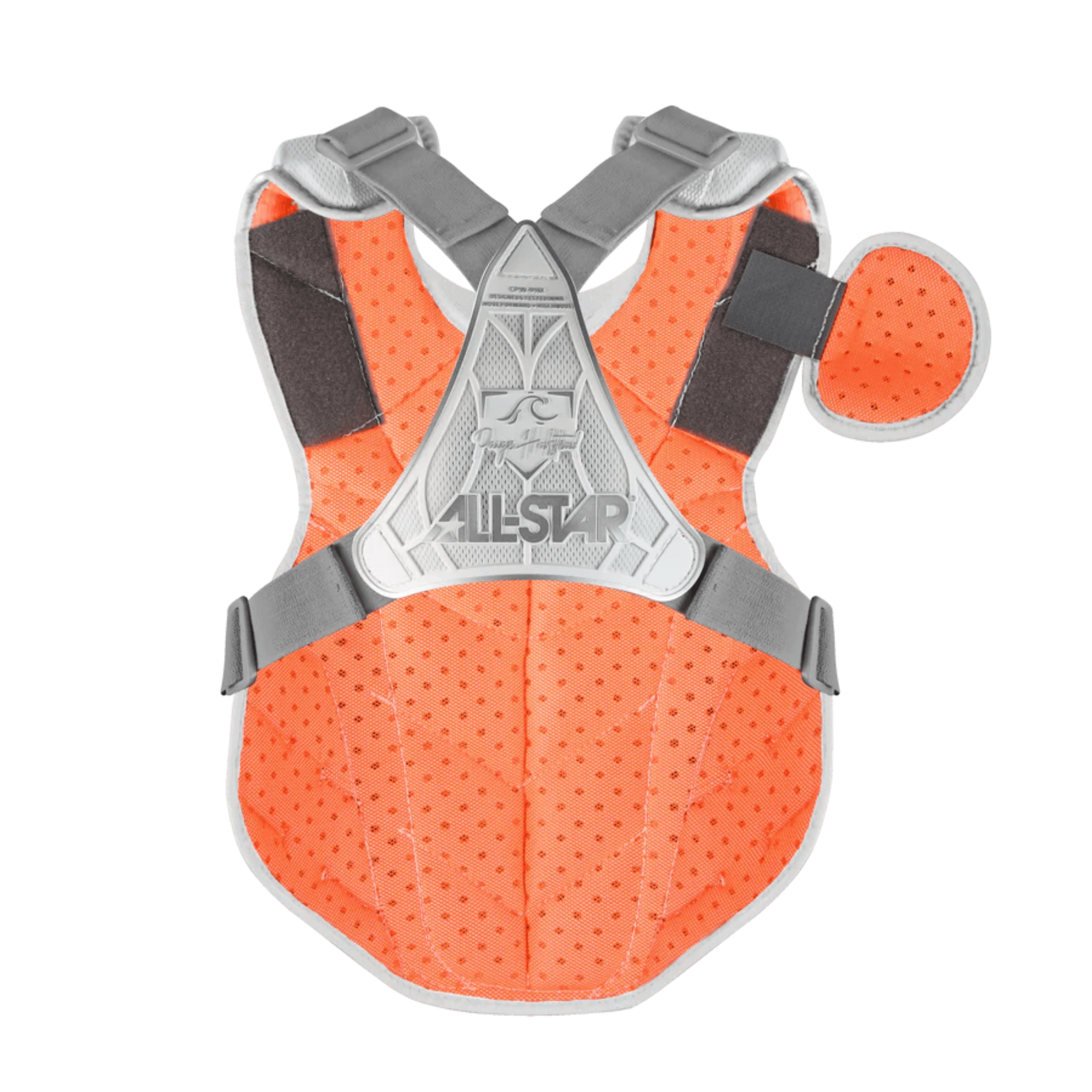 All-Star PHX Fastpitch catcher's chest protector showing innovative design and vibrant orange color for elite players.