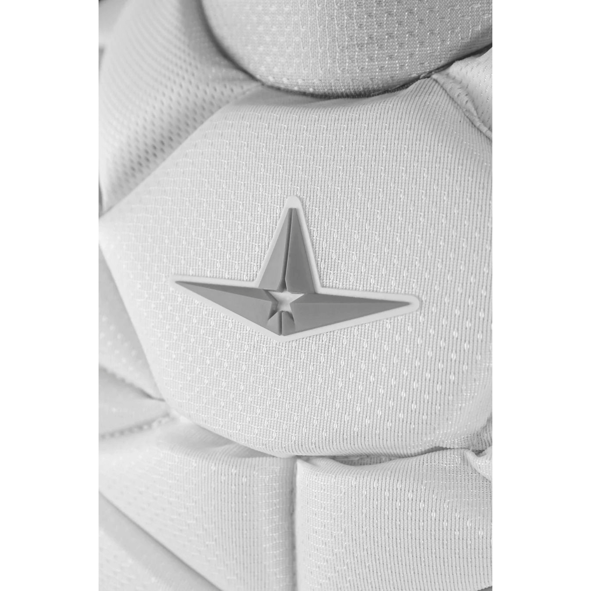 Close-up of the All-Star PHX Fastpitch Catching Kit logo on innovative white catcher gear.