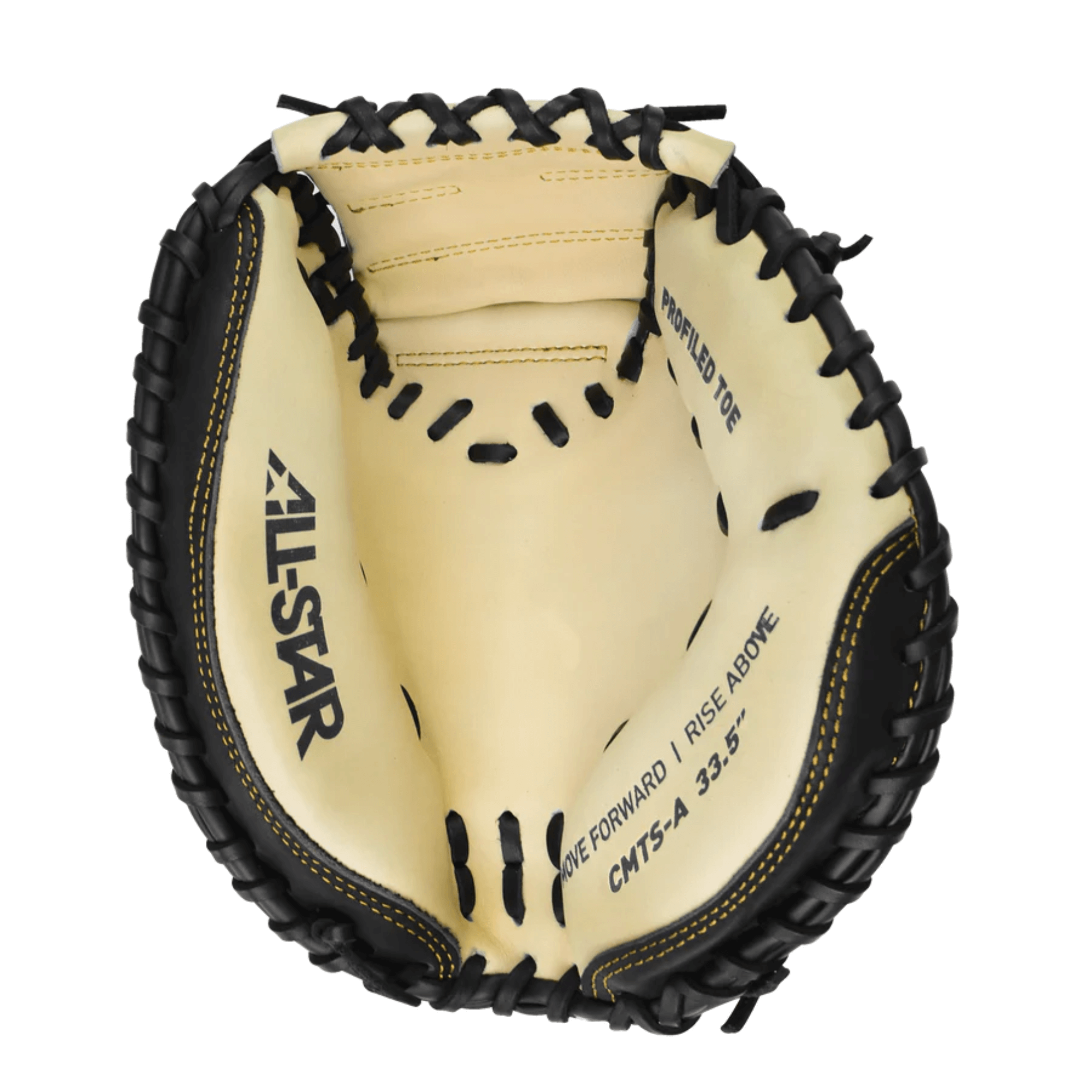 All-Star Youth Top Star Catcher's Mitt 31.5" interior view showing premium steer hide leather and durable lacing.