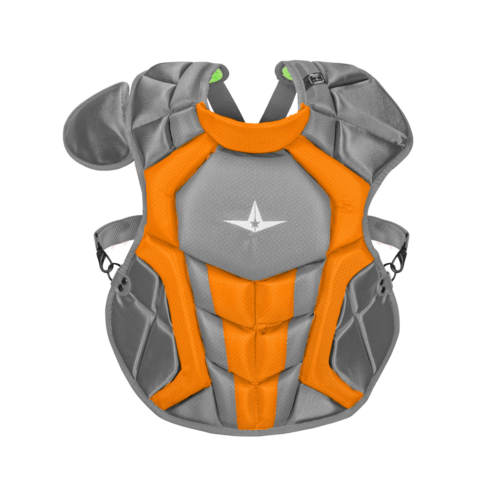 All-Star S7 AXIS Chest Protector in gray and orange for youth catchers, featuring lightweight and breathable design.