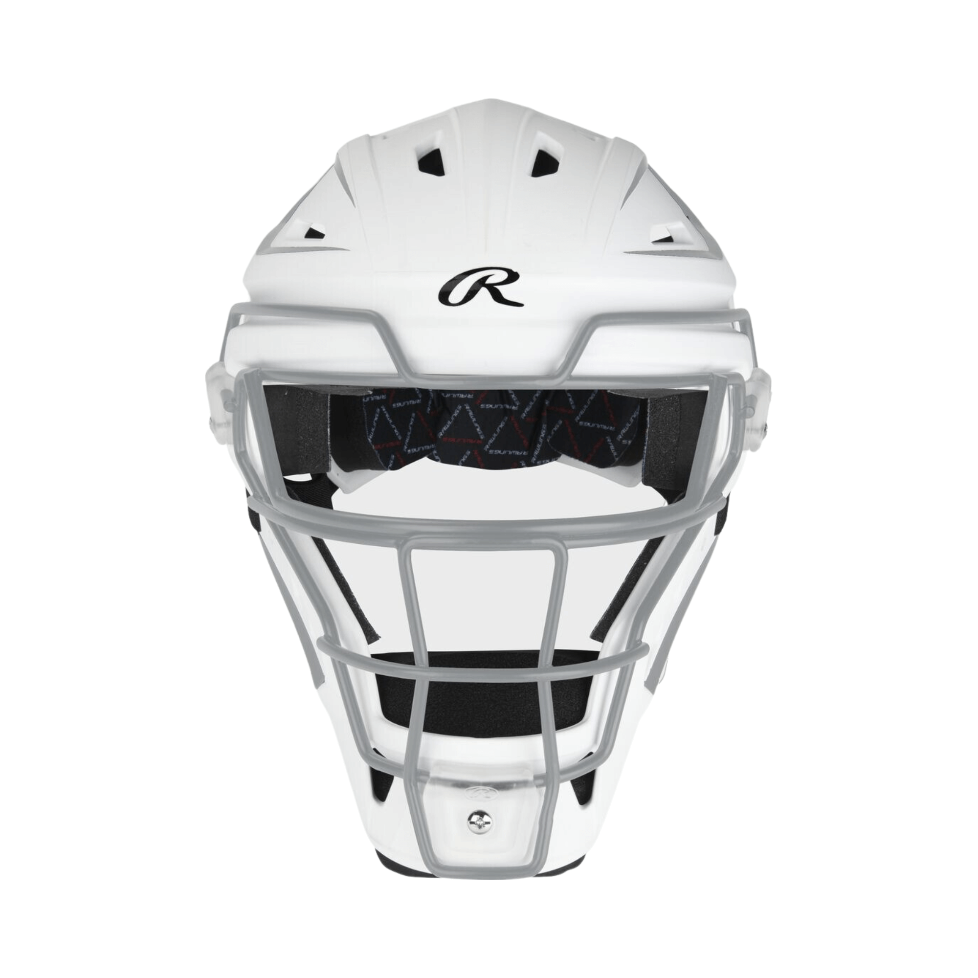 Rawlings Velo 2.0 softball catcher's hockey-style helmet in white with silver accents and ventilation features.