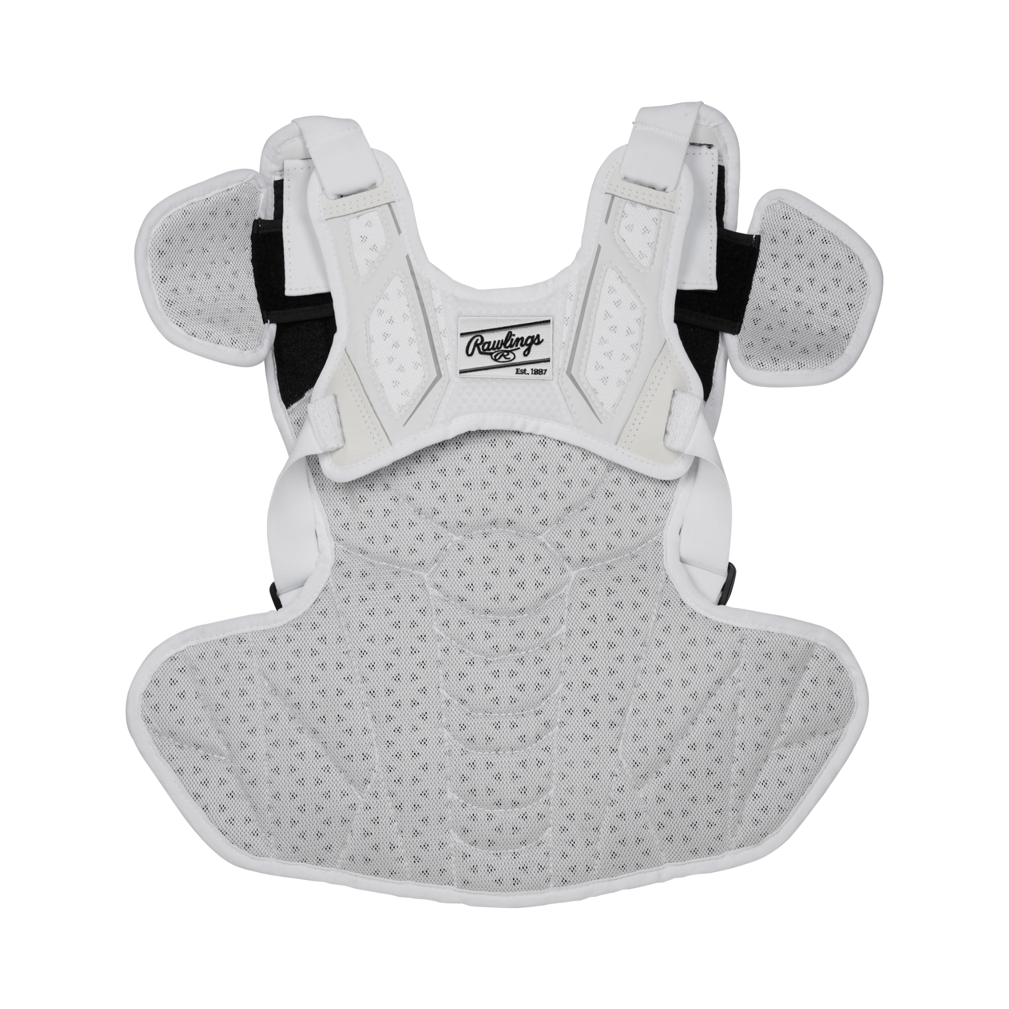 Rawlings Velo 2.0 fastpitch softball chest protector in white and silver design, featuring adjustable straps and ventilation areas.