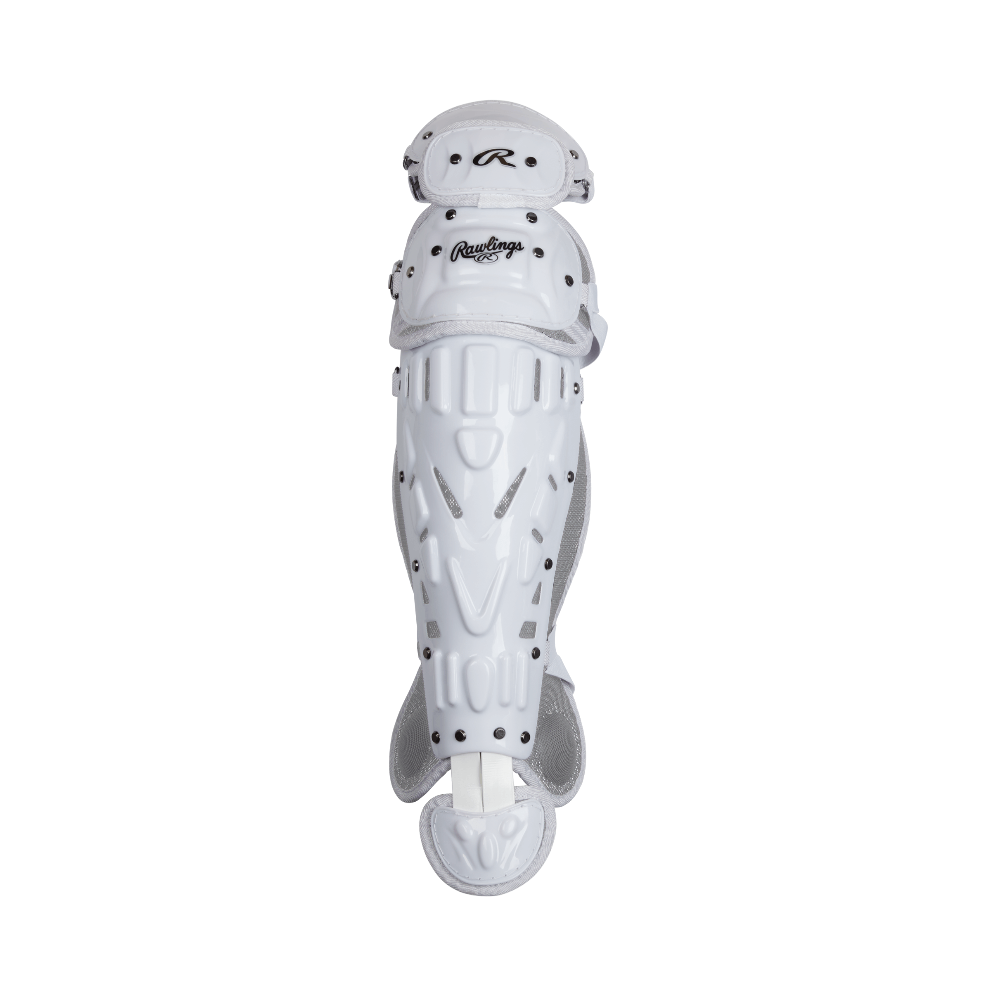 Rawlings Velo 2.0 Series softball catcher’s leg guard in white and silver for enhanced protection and comfort.