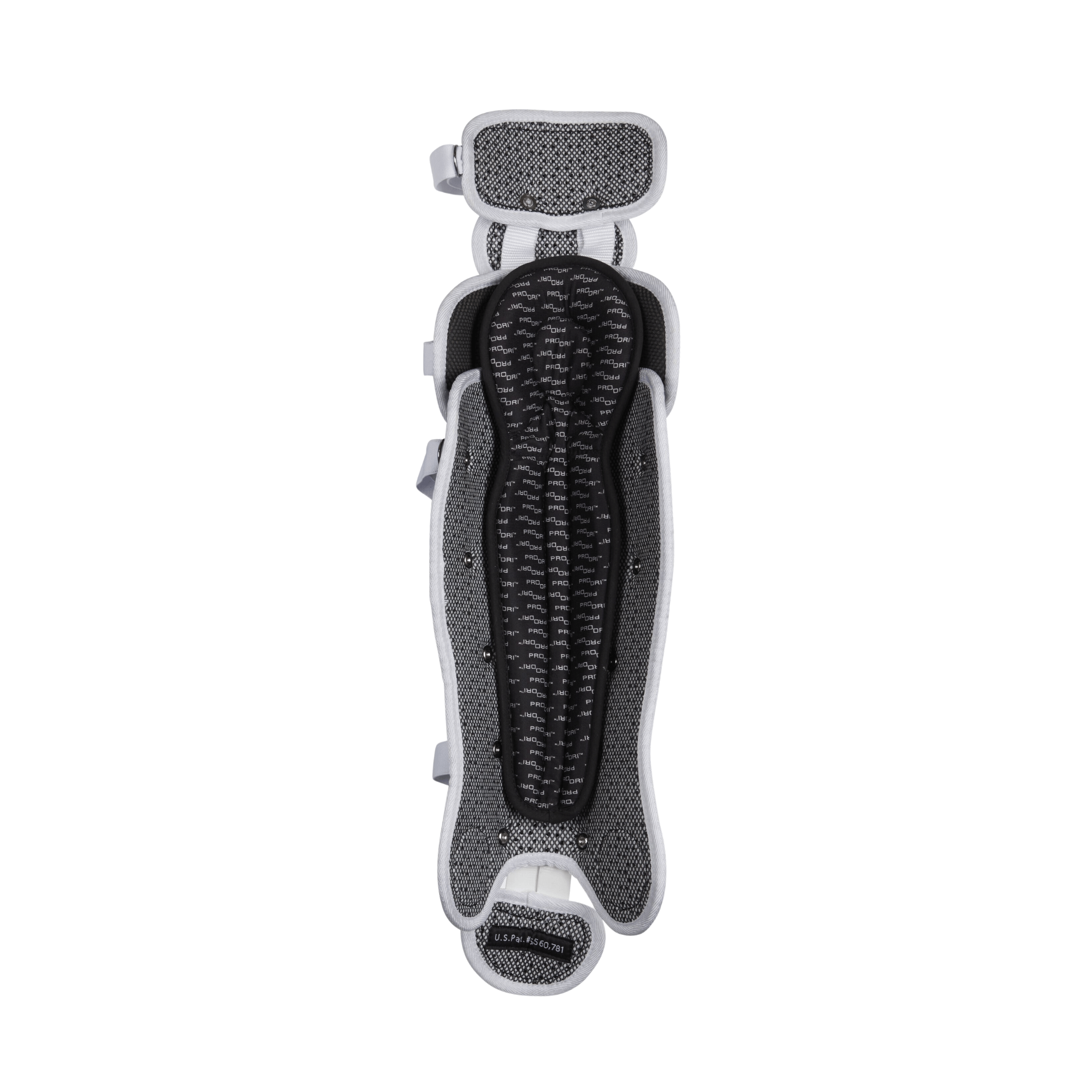 Rawlings Velo 2.0 Series softball catcher’s leg guard with ventilation and lightweight design in white and silver colors.