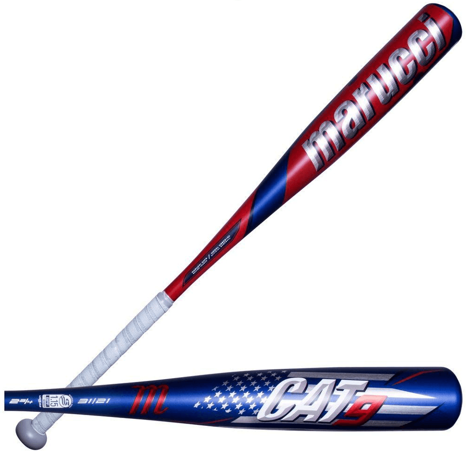 Marucci Cat9 America -8 baseball bat featuring a red, white, and blue design with a large sweet spot for superior performance.