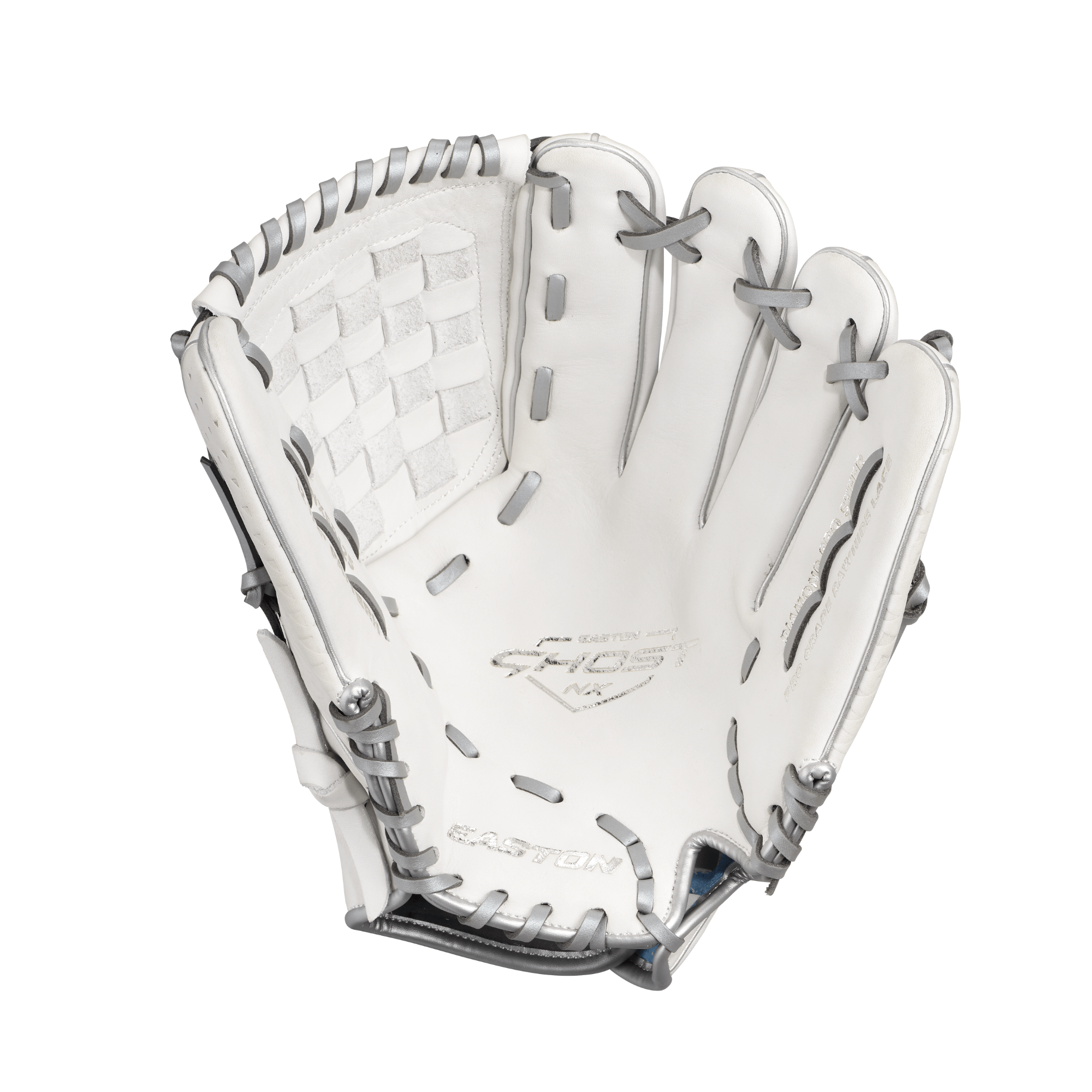 Easton Ghost NX 12.5-inch fastpitch softball glove with white leather and grey accents for optimal performance.