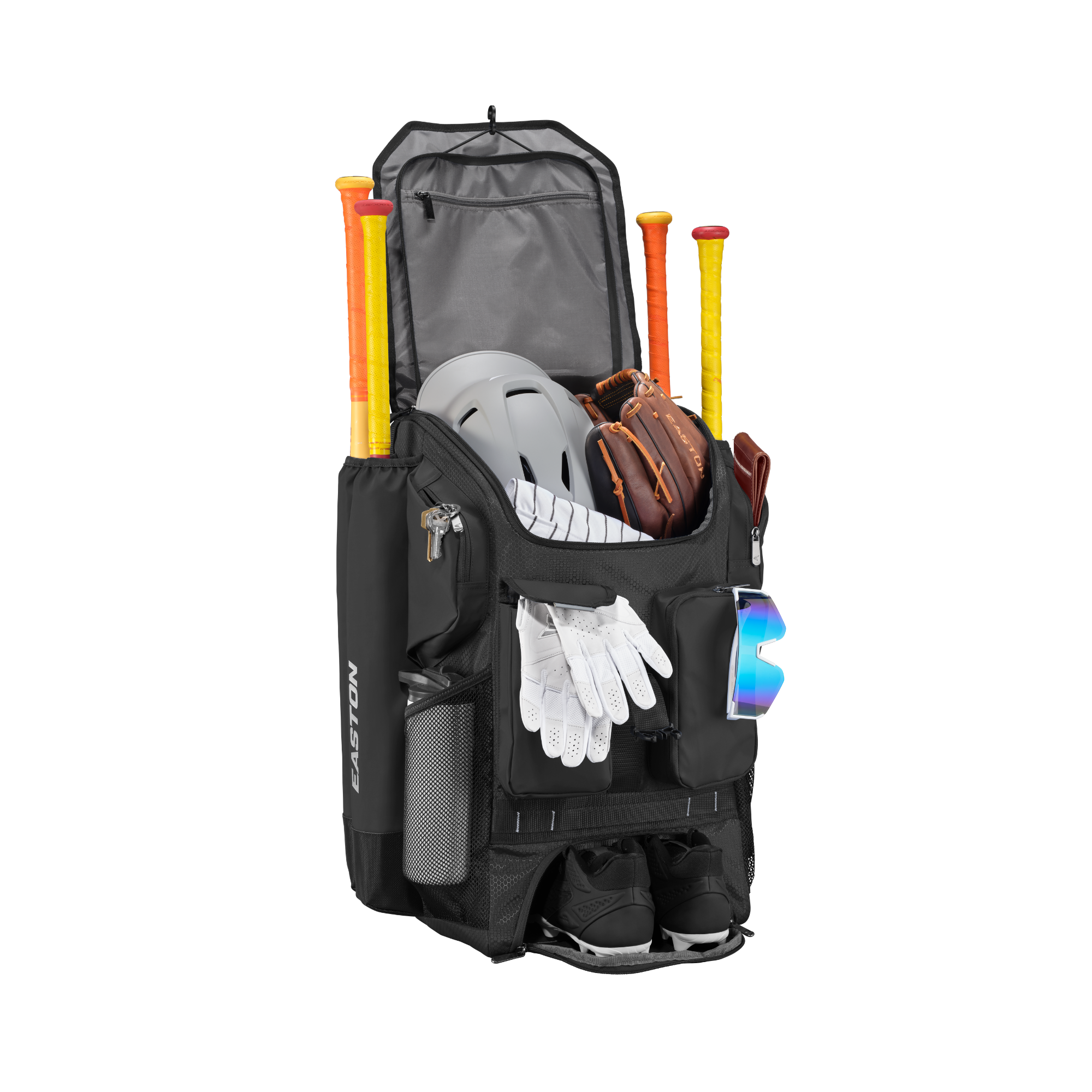 Easton Five Tool Phenom Backpack with bats, gloves, helmet, and cleats showing its spacious compartments for baseball gear.