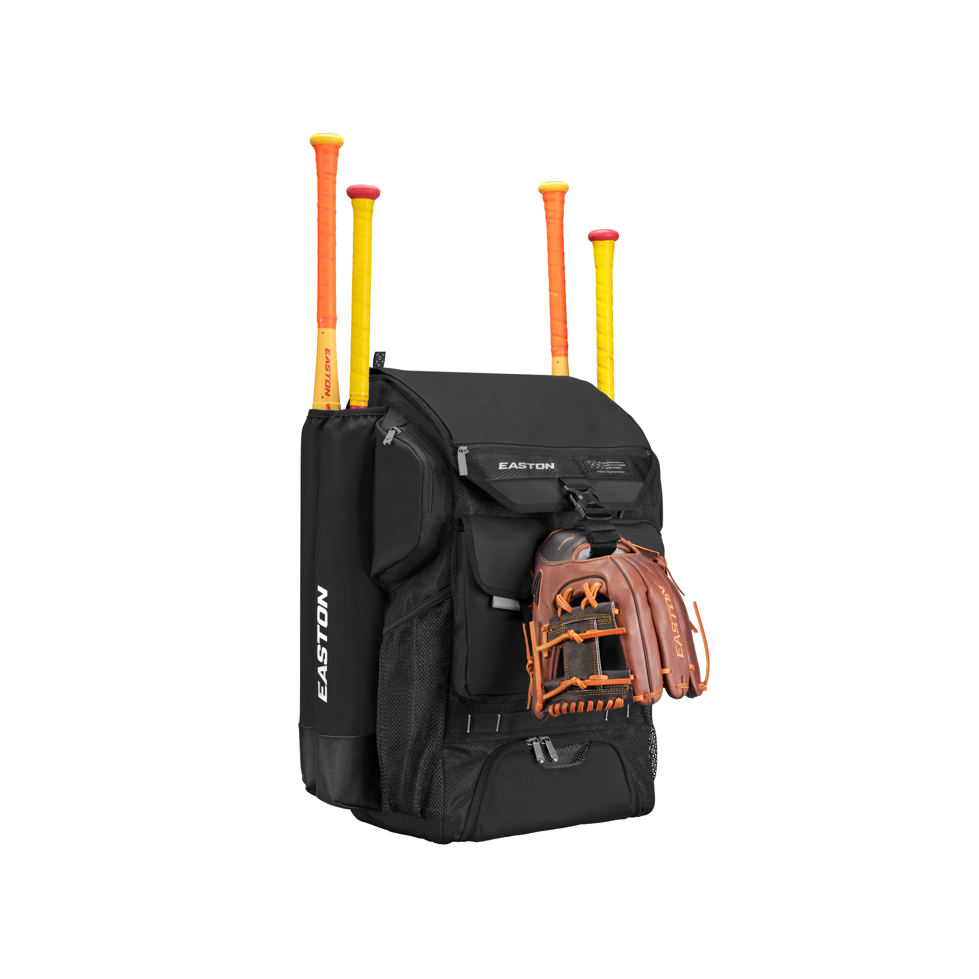 Easton Five Tool Phenom Backpack with bats and glove, ideal for baseball gear storage and organization.