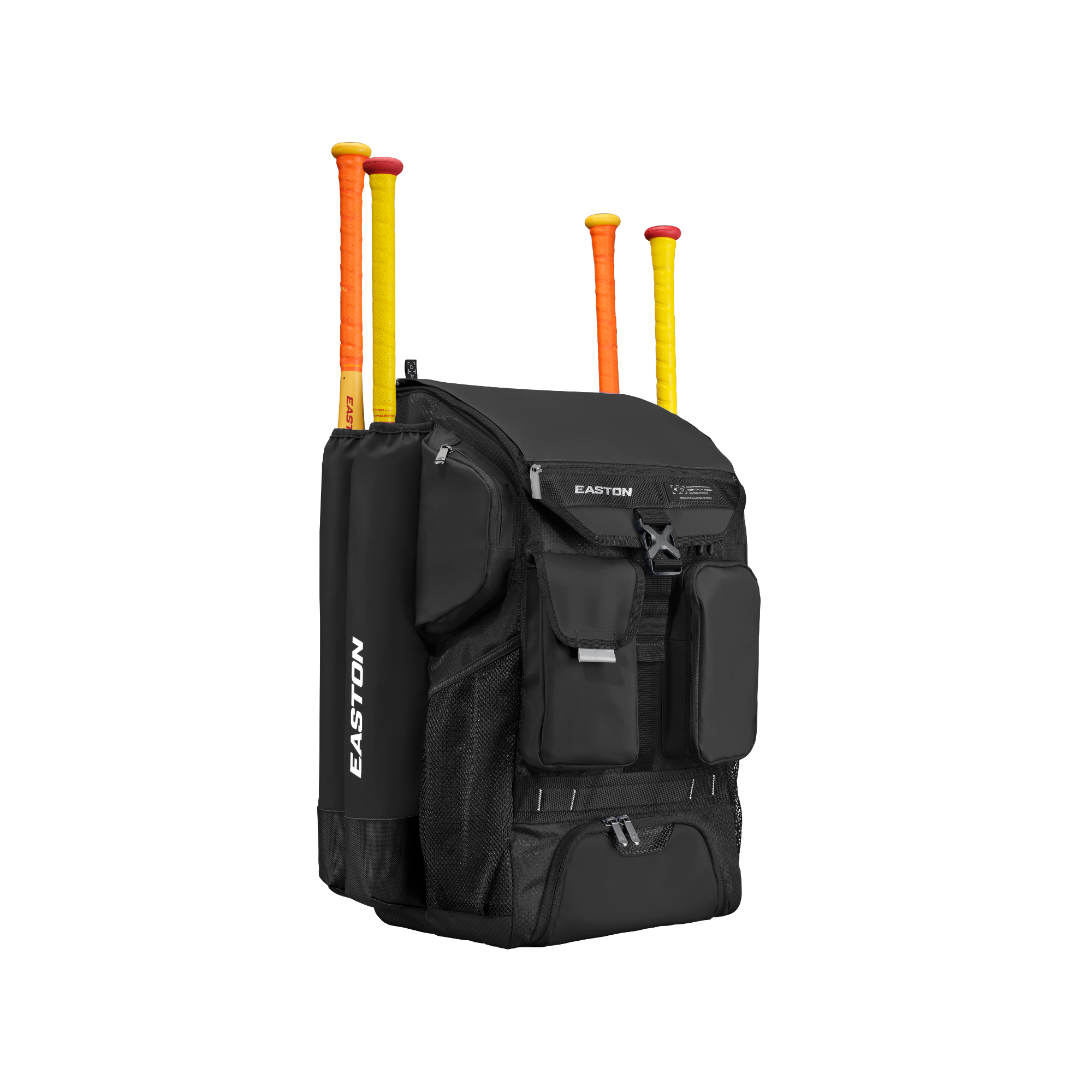 Easton Five Tool Phenom Backpack with bat holders and glove clip for organized storage.