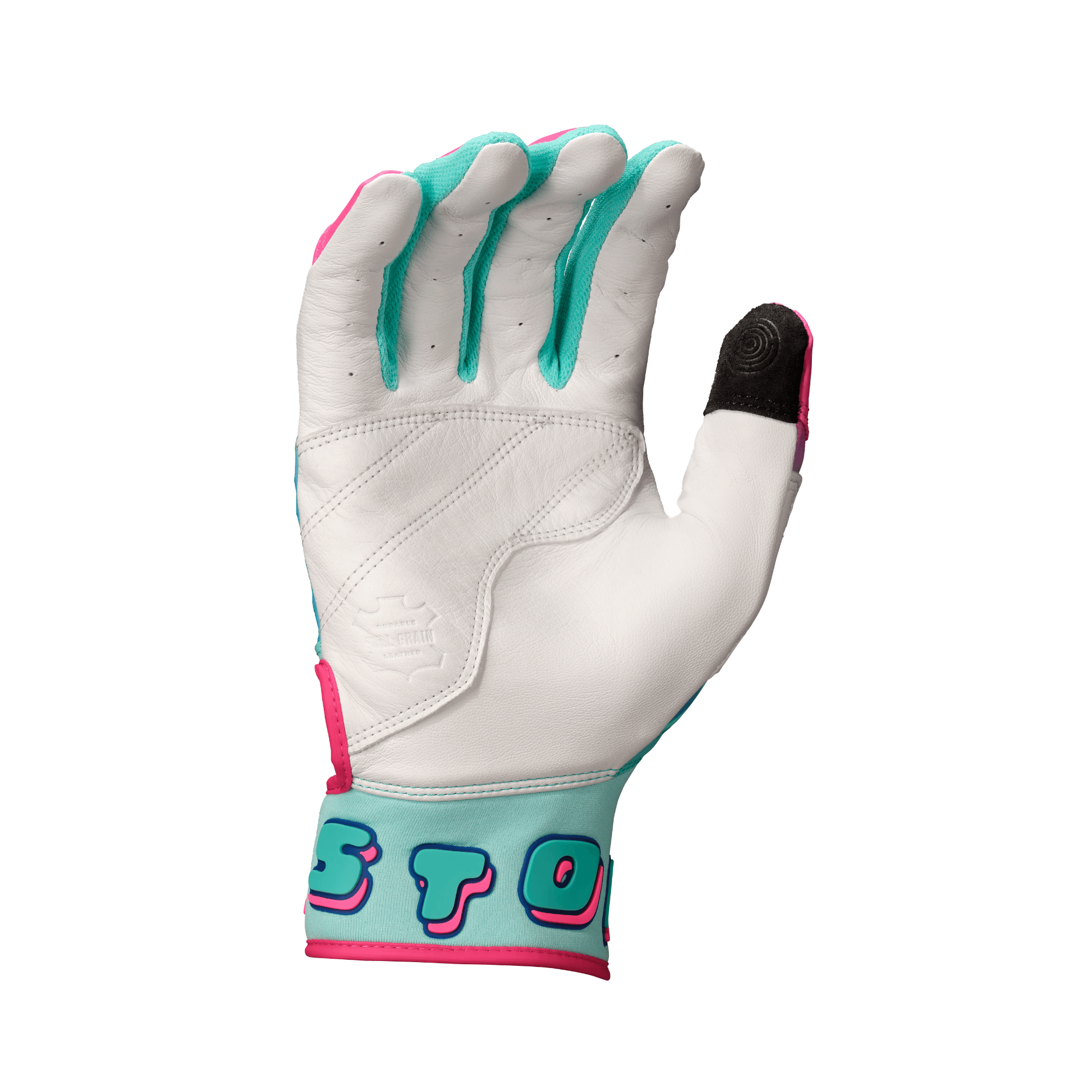 Easton Walk-Off Ethos Youth Batting Gloves - Aqua/Pink palm view with pink and aqua accents, and adjustable wrist strap.