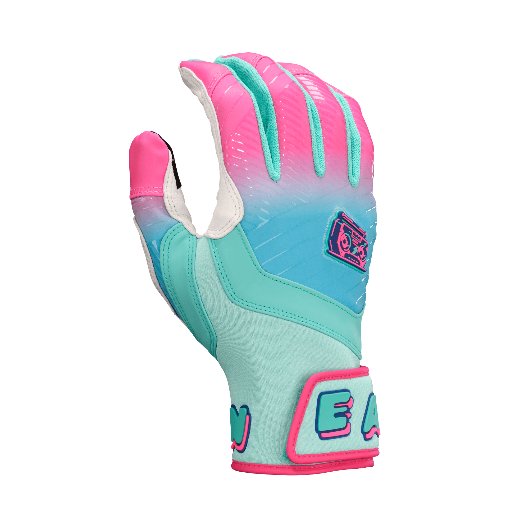 Easton Walk-Off Ethos Youth Batting Gloves - Aqua/Pink, backhand view showcasing vibrant colors and logo patch.