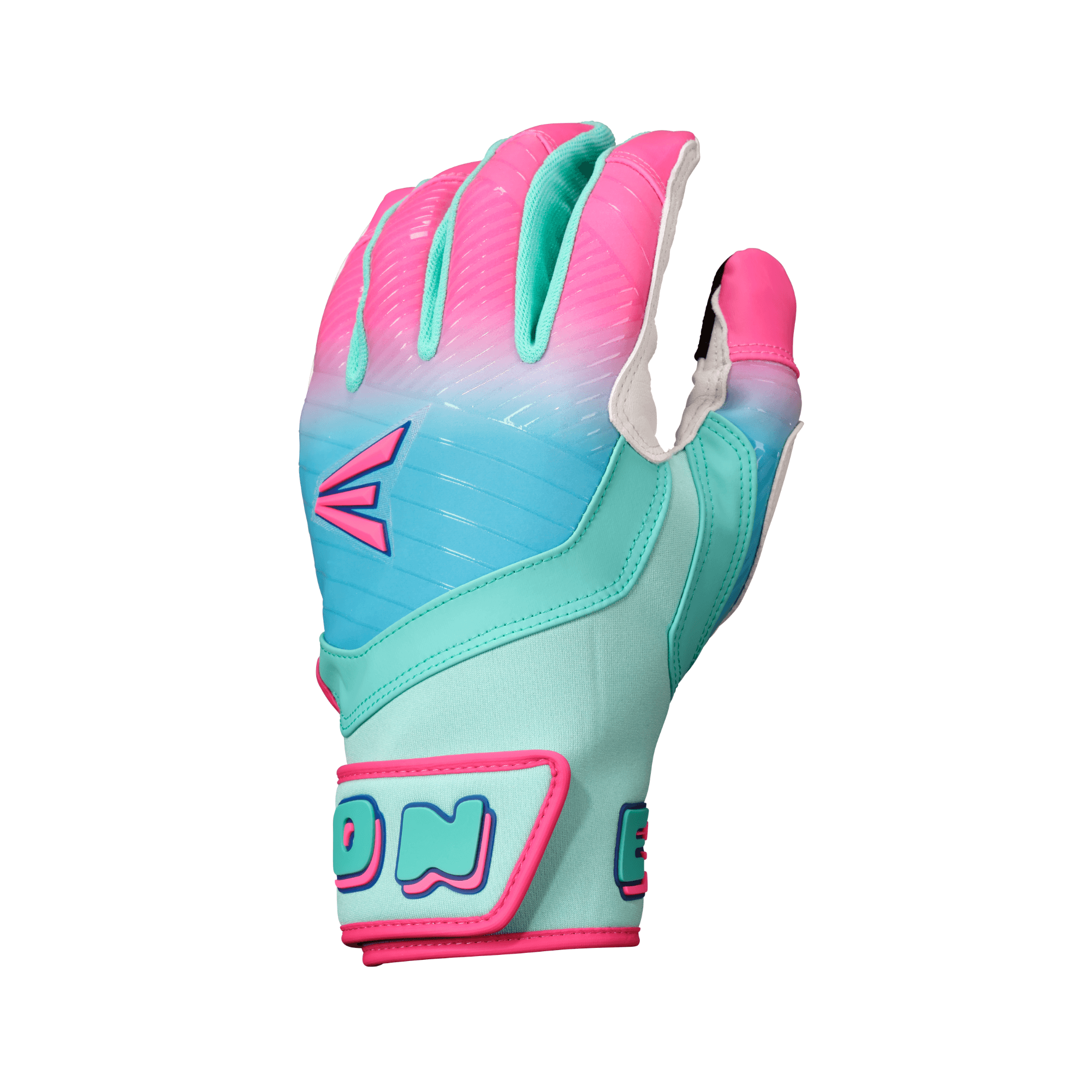 Backhand view of Easton Walk-Off Ethos Youth Batting Gloves - Aqua/Pink with logo and bold stitching.