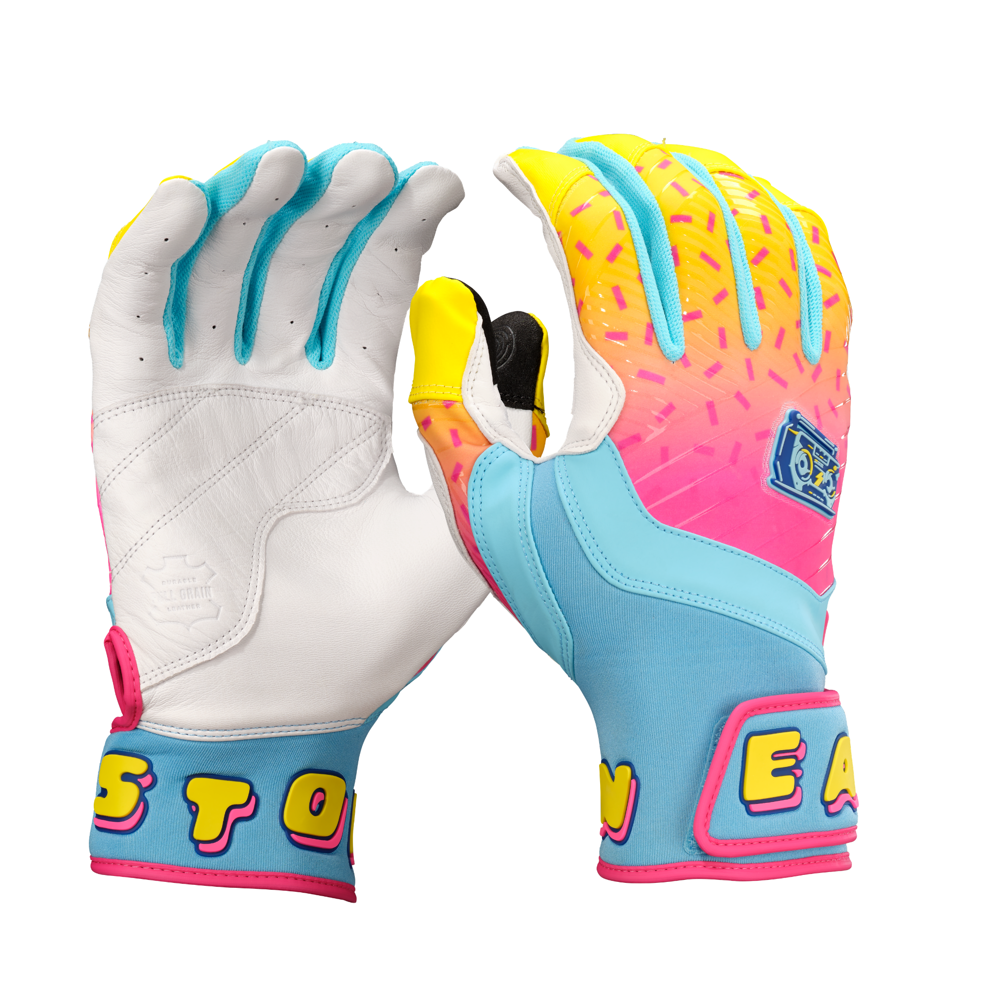 Easton Walk-Off Ethos Youth Batting Gloves - Light Blue/Pink, palm and backhand view with colorful wrist graphics and perforated palm.